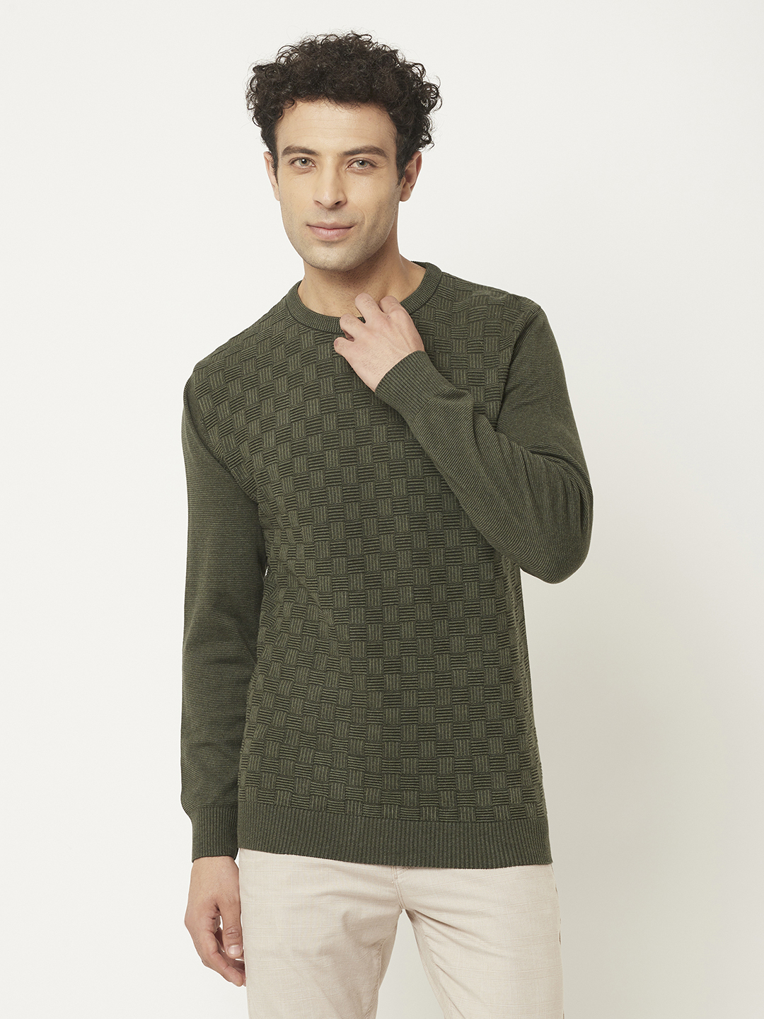 Crimsoune Club Men Army Green Sweater in Self Design Pattern