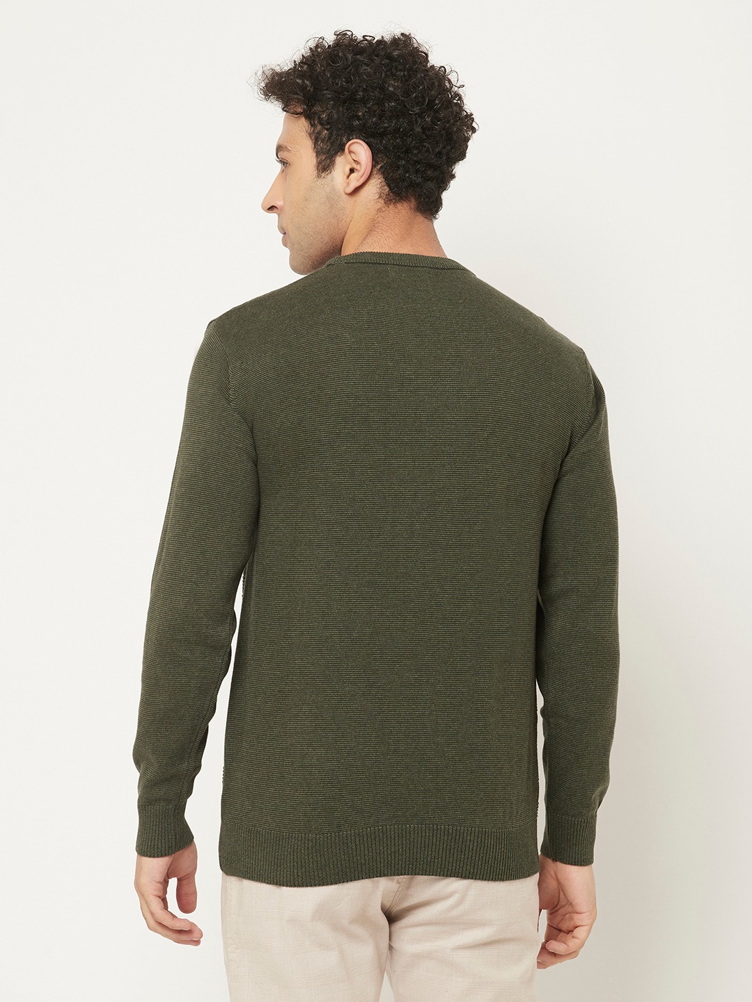 Crimsoune Club Men Army Green Sweater in Self Design Pattern