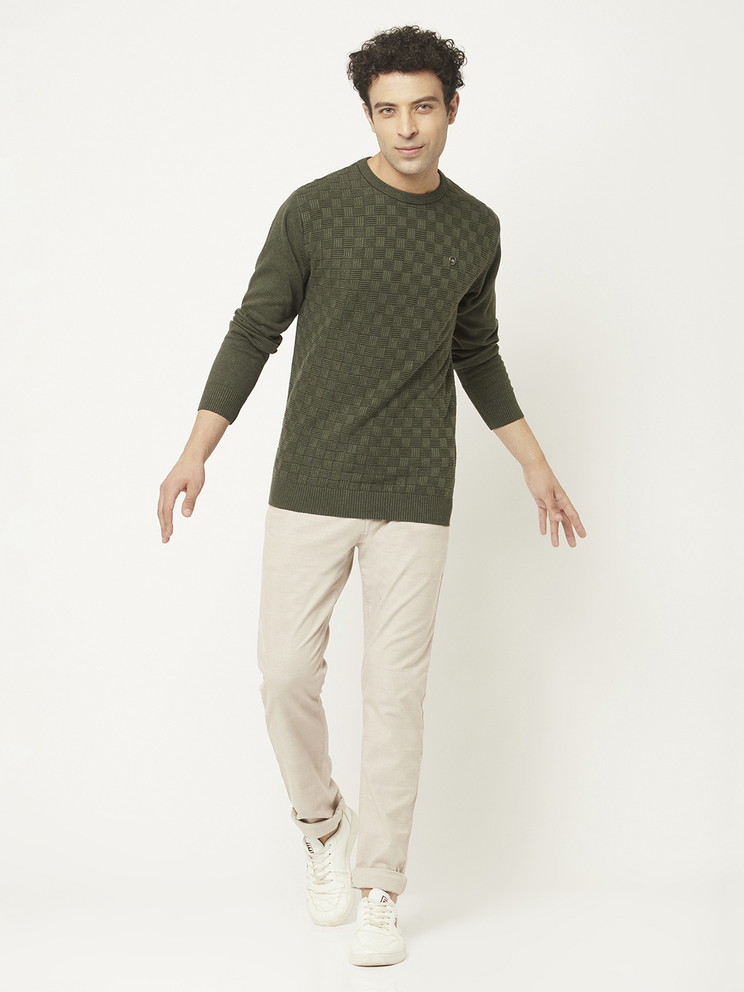 Crimsoune Club Men Army Green Sweater in Self Design Pattern