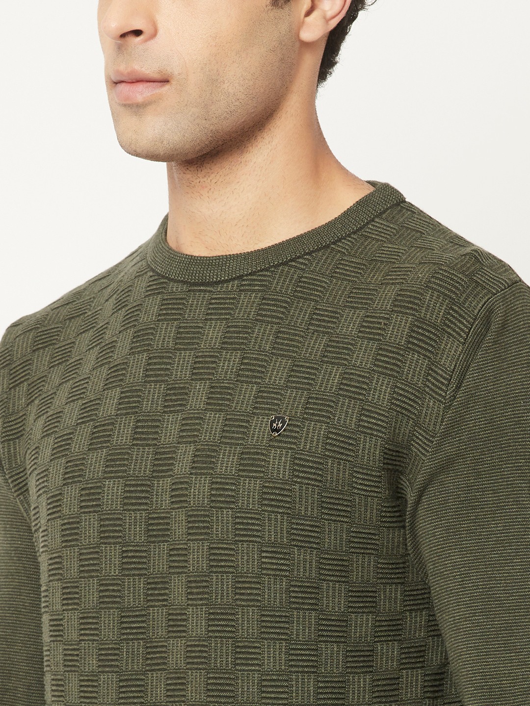 Crimsoune Club Men Army Green Sweater in Self Design Pattern