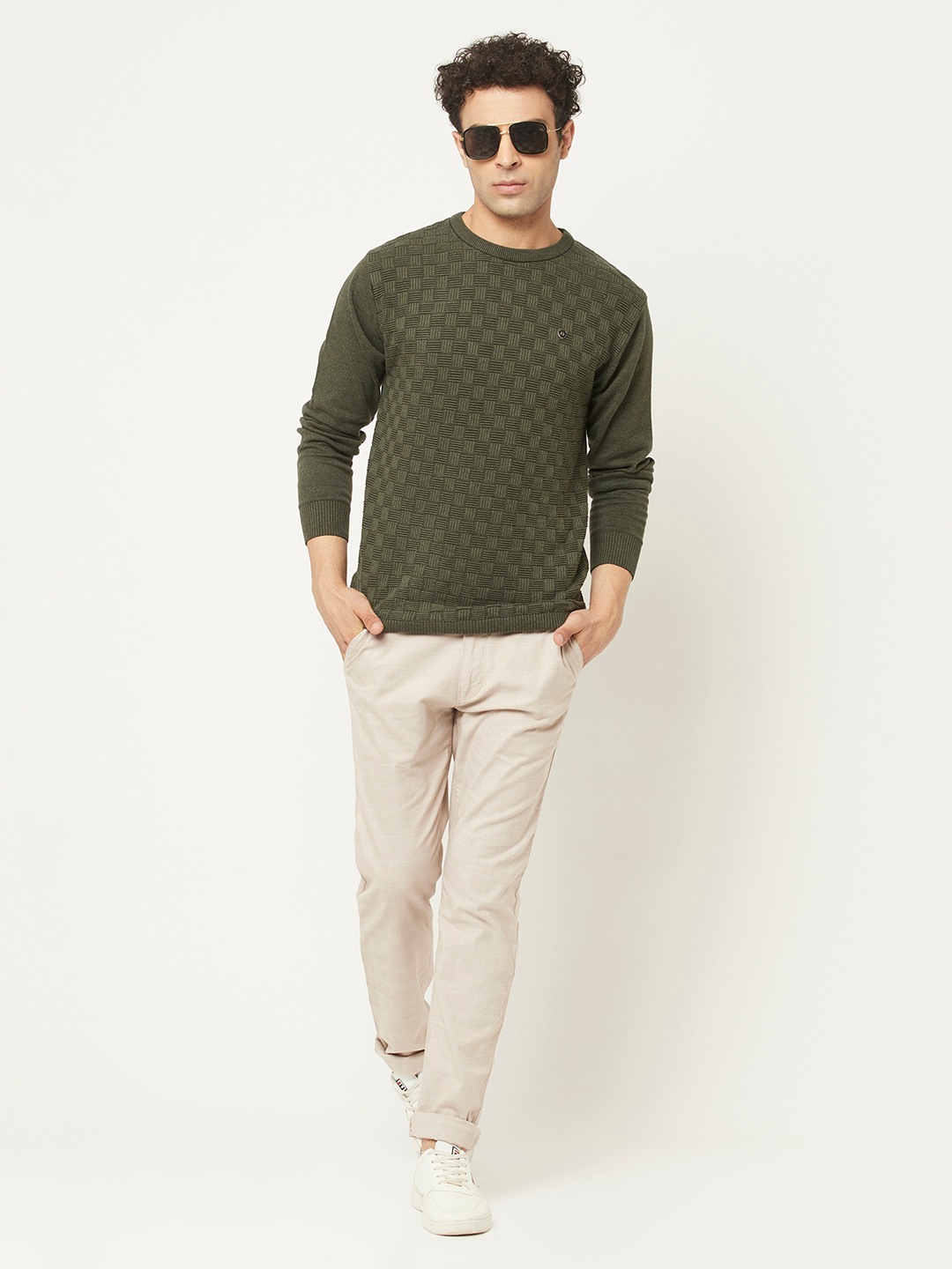 Crimsoune Club Men Army Green Sweater in Self Design Pattern