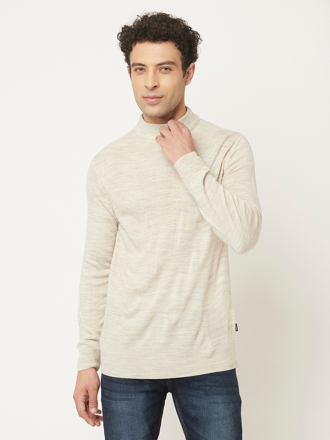 Crimsoune Club Men Off White Sweater with Melange Texture