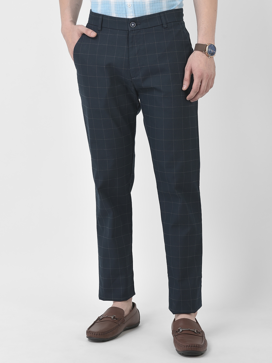 Buy Men Blue Slim Fit Check Flat Front Formal Trousers Online - 734515 |  Louis Philippe