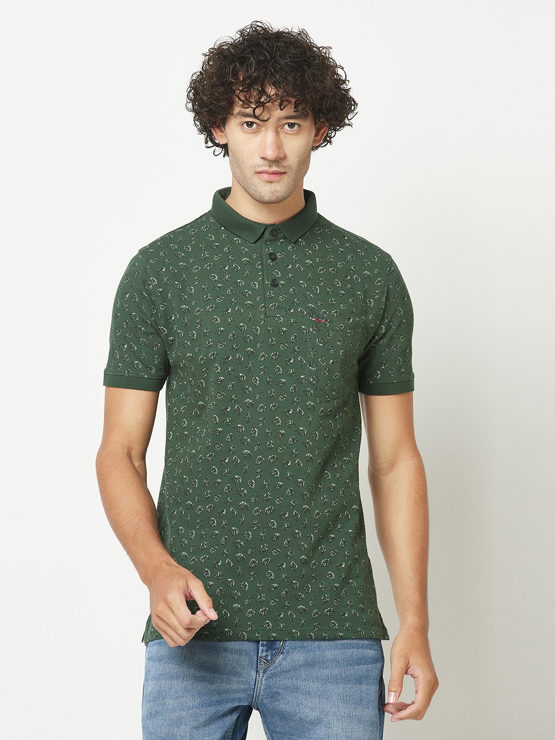 Crimsoune Club Mens Bottle Green Floral Print Polo T-Shirt