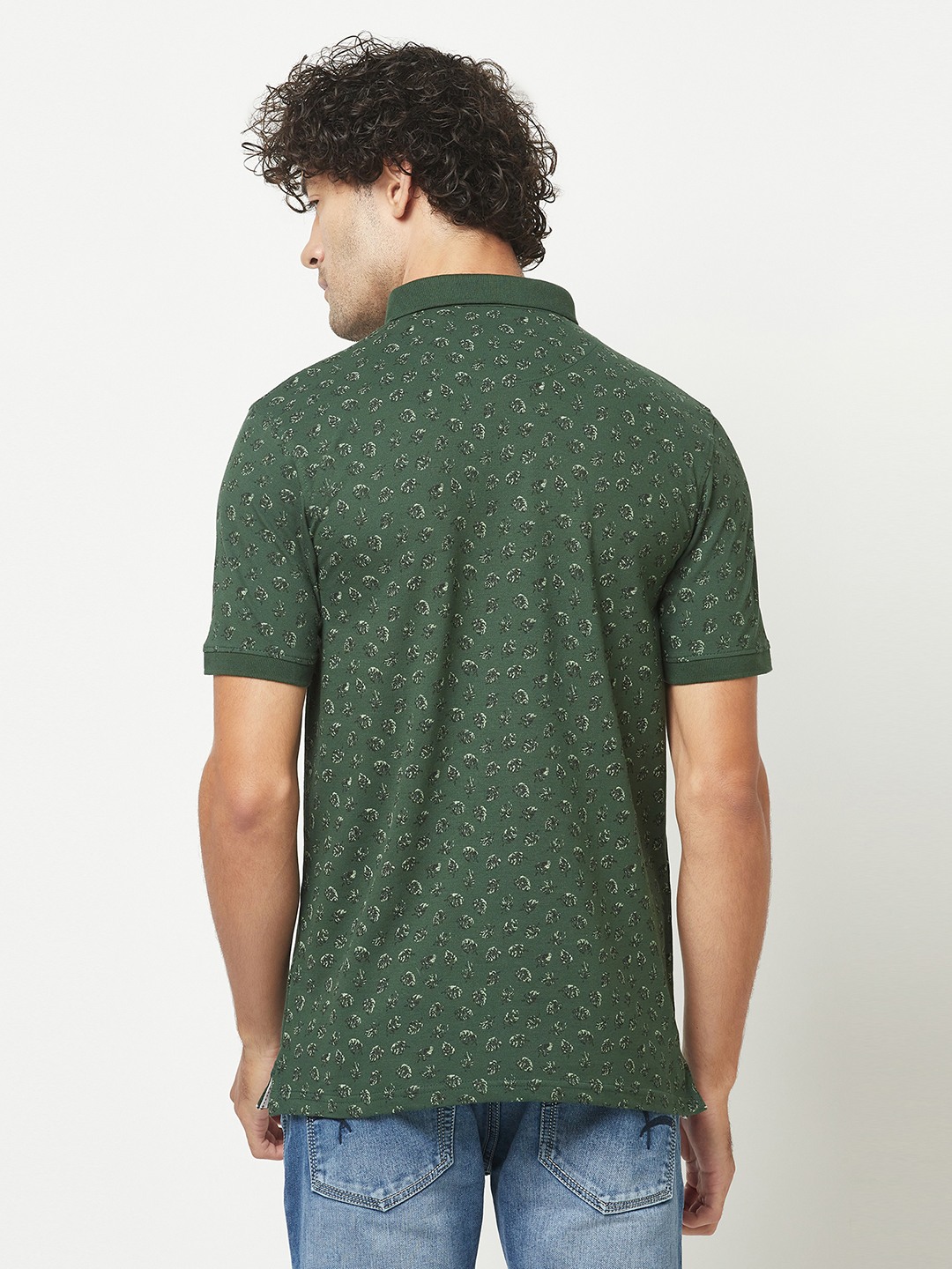 Crimsoune Club Mens Bottle Green Floral Print Polo T-Shirt