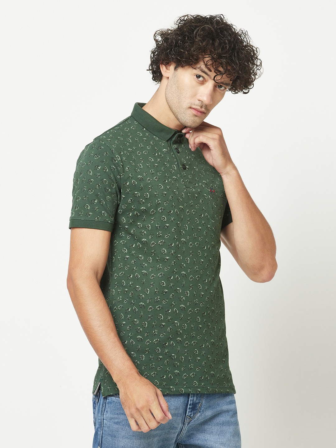 Crimsoune Club Mens Bottle Green Floral Print Polo T-Shirt
