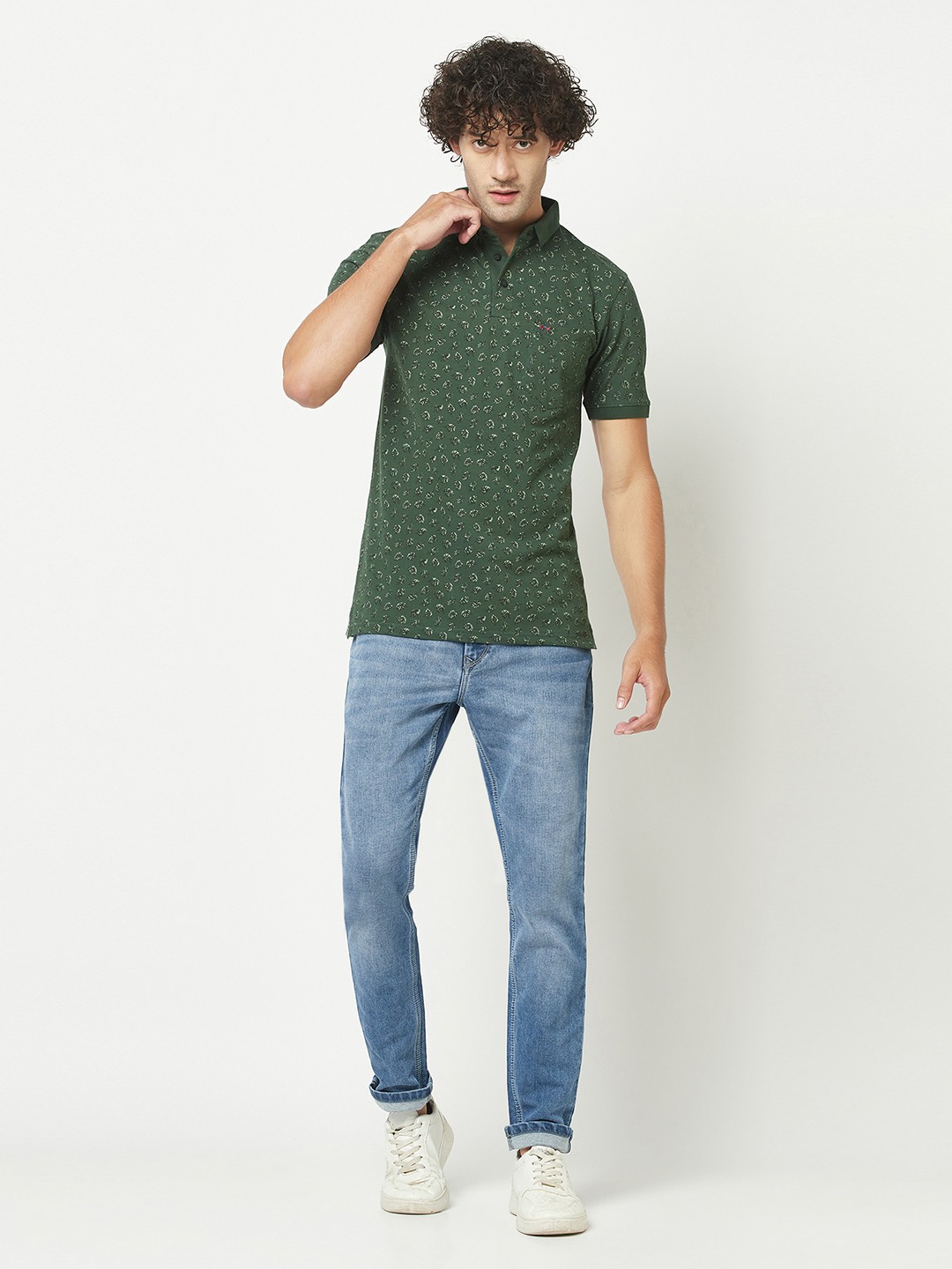 Crimsoune Club Mens Bottle Green Floral Print Polo T-Shirt