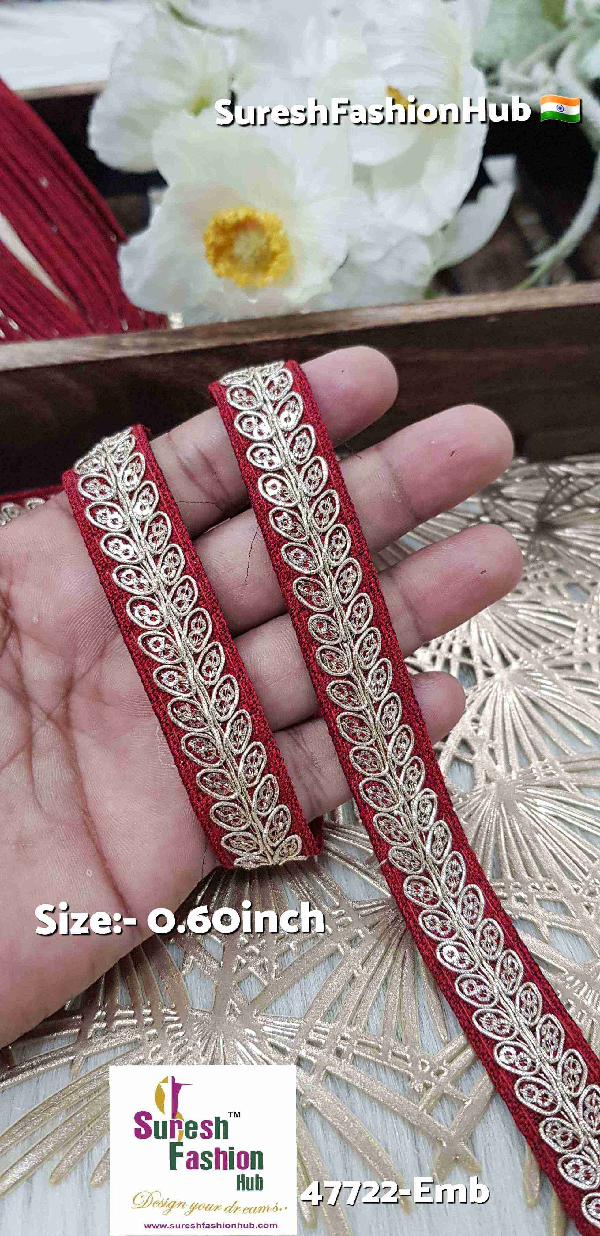 Maroon Pearl Leaf Embroidered Border