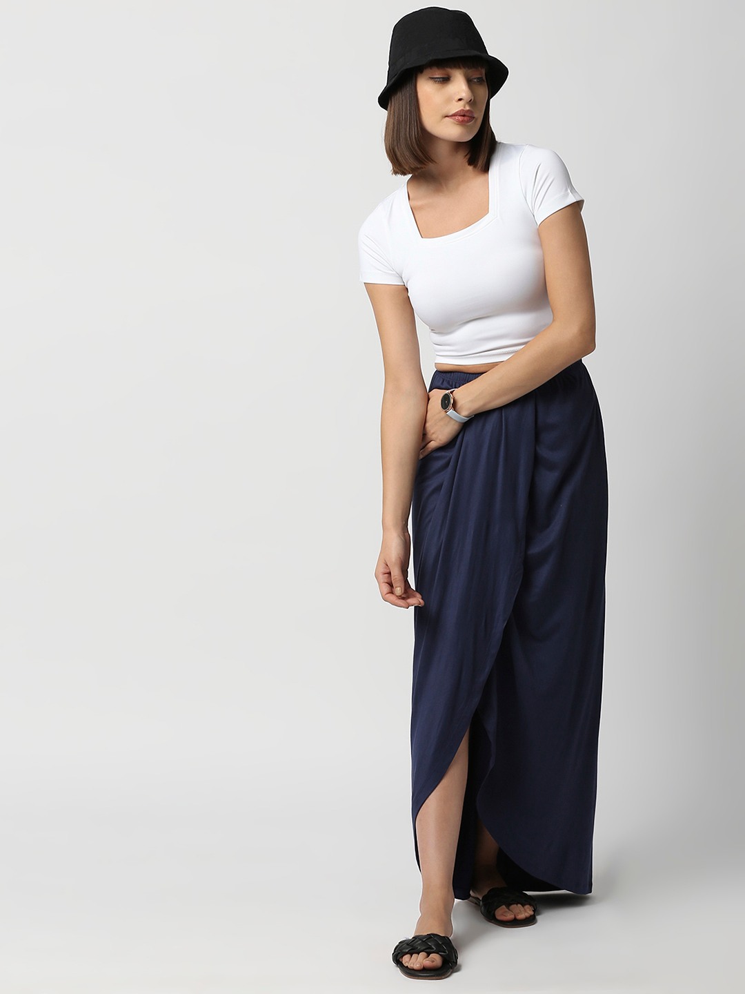 Cult Fiction Women Navy Blue Draped Skirt