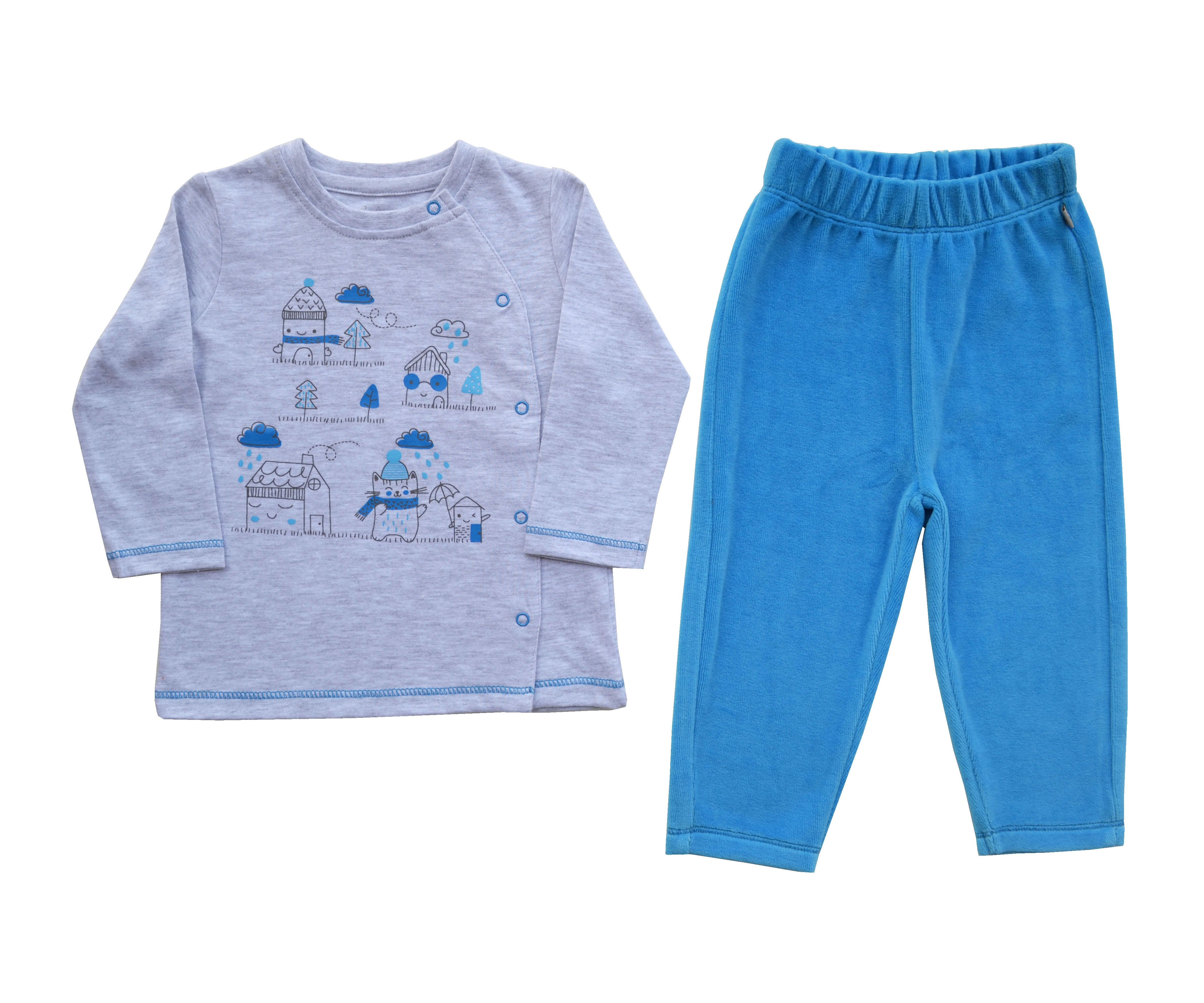 Babeez | Grey Melange House Print Full Sleeve Top + Blue Long Pant Set (Cotton Velour) undefined