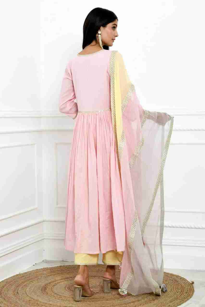 Naksh Pink Solid Voile Kurta, Pants & Tricolour Dupatta (Set of 3)