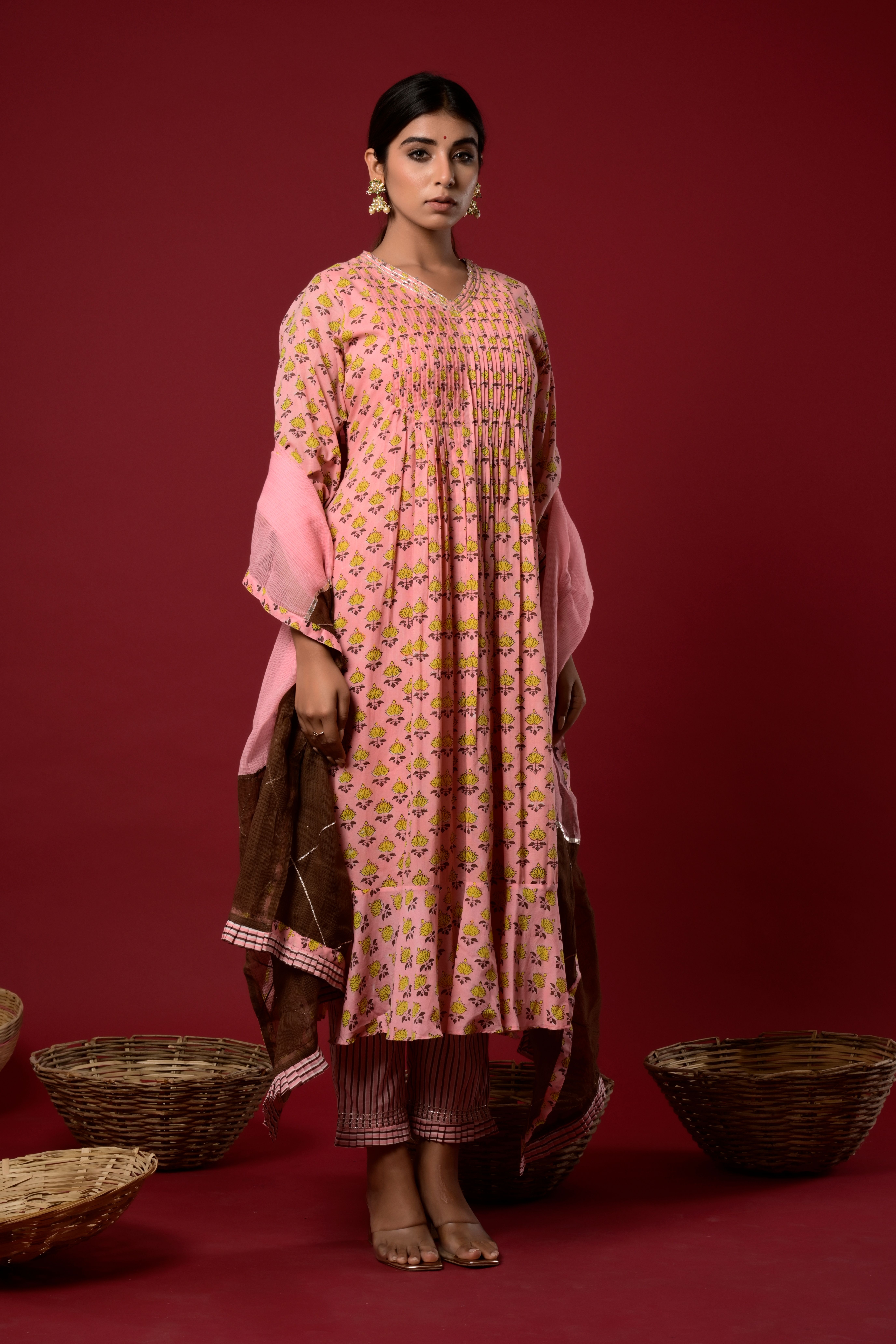 KAARAH BY KAAVYA | Block printed pintucked kurta with frill at the botttom and striped pant with shaded kota doria dupatta undefined