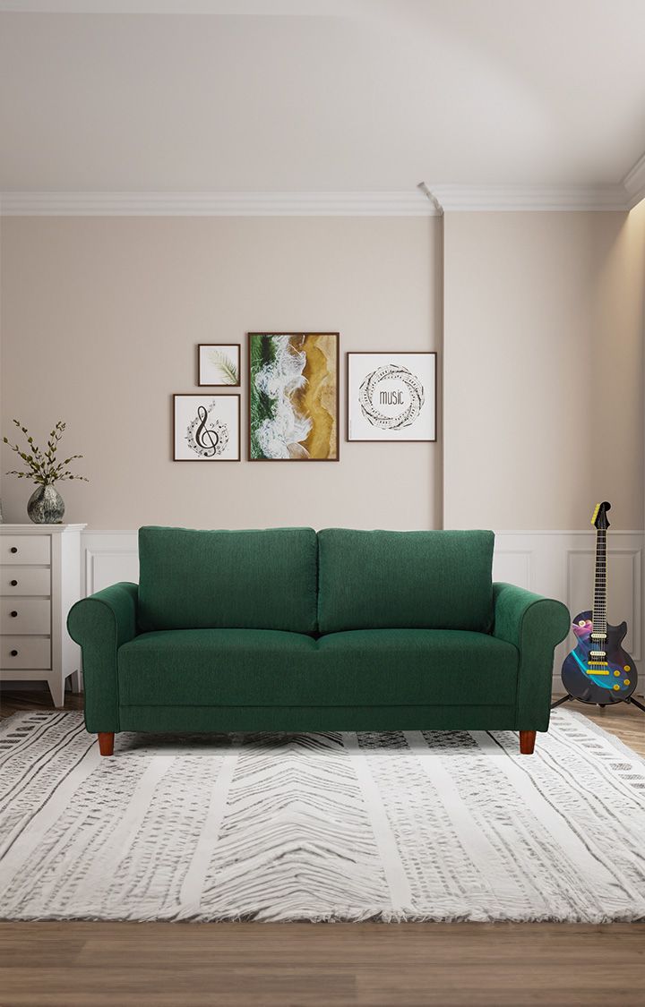 neudot Melody Sofa for Living Room |3 Persons Sofa|Premium Fabric with Padded Cushioned Armrest | Solid Wood Frame|3 Seater in Castle Green Color
