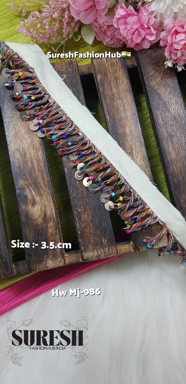 Multicolor Beaded Silver Coin Hanging Lace on Fabric – M.J-986