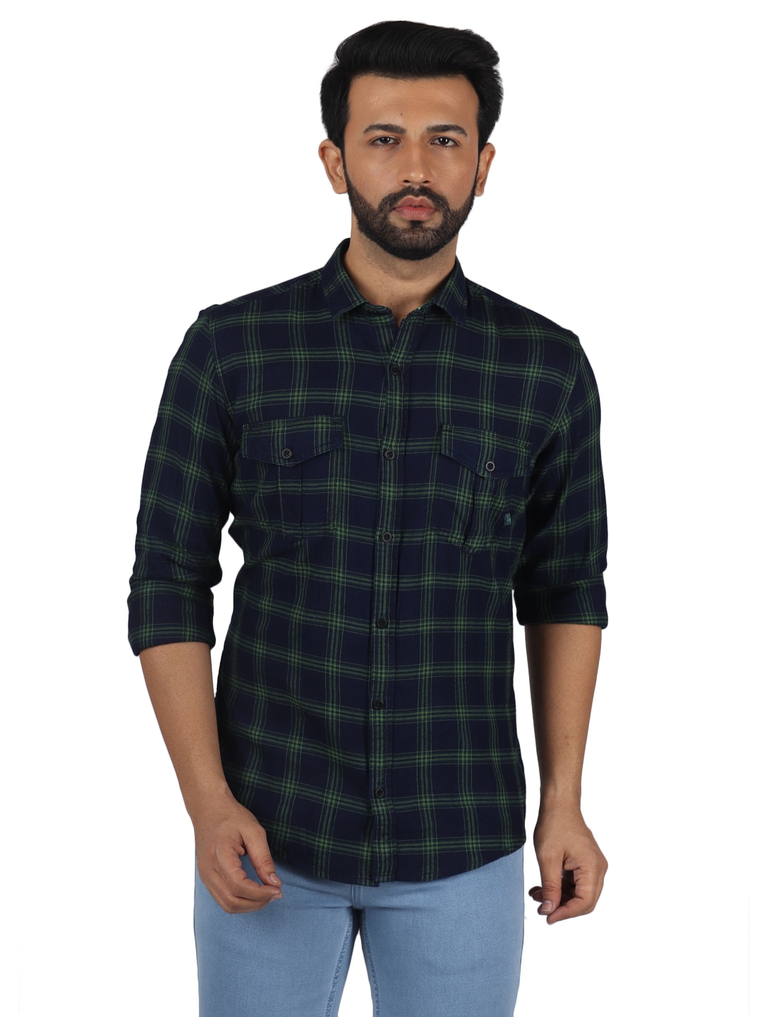D'cot by Donear | D'cot by Donear Men's Green and Navy Cotton Casual Shirts 0