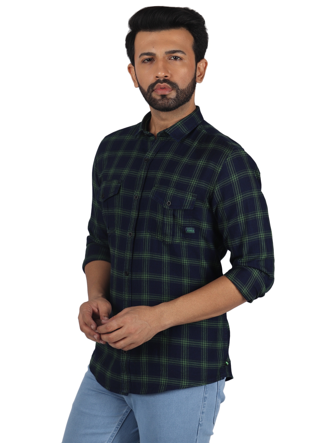 D'cot by Donear | D'cot by Donear Men's Green and Navy Cotton Casual Shirts 1