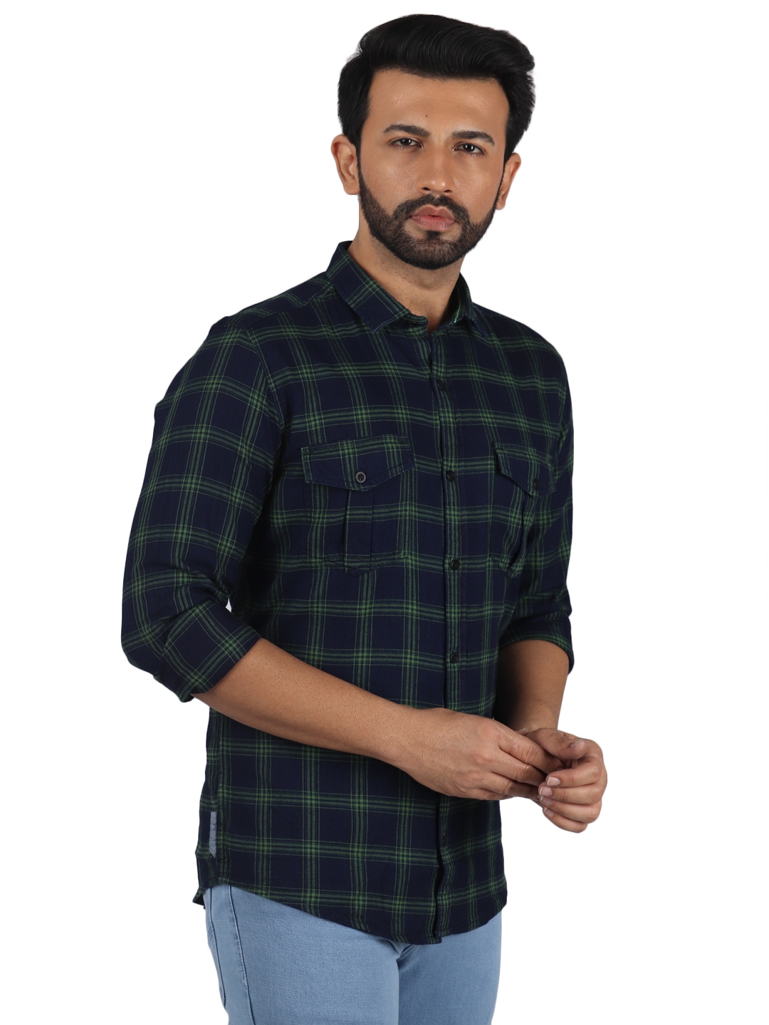 D'cot by Donear | D'cot by Donear Men's Green and Navy Cotton Casual Shirts 2
