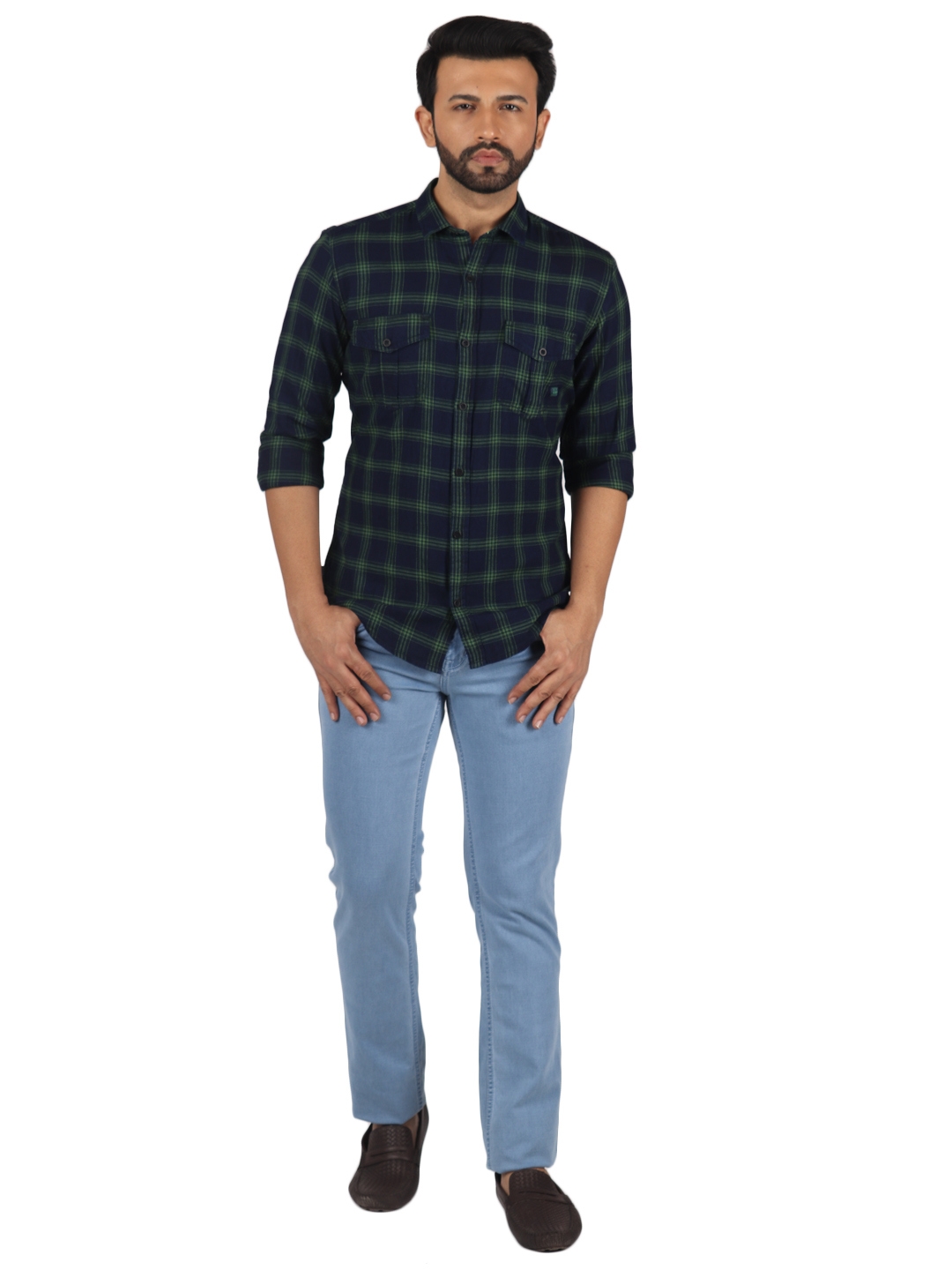 D'cot by Donear | D'cot by Donear Men's Green and Navy Cotton Casual Shirts 4
