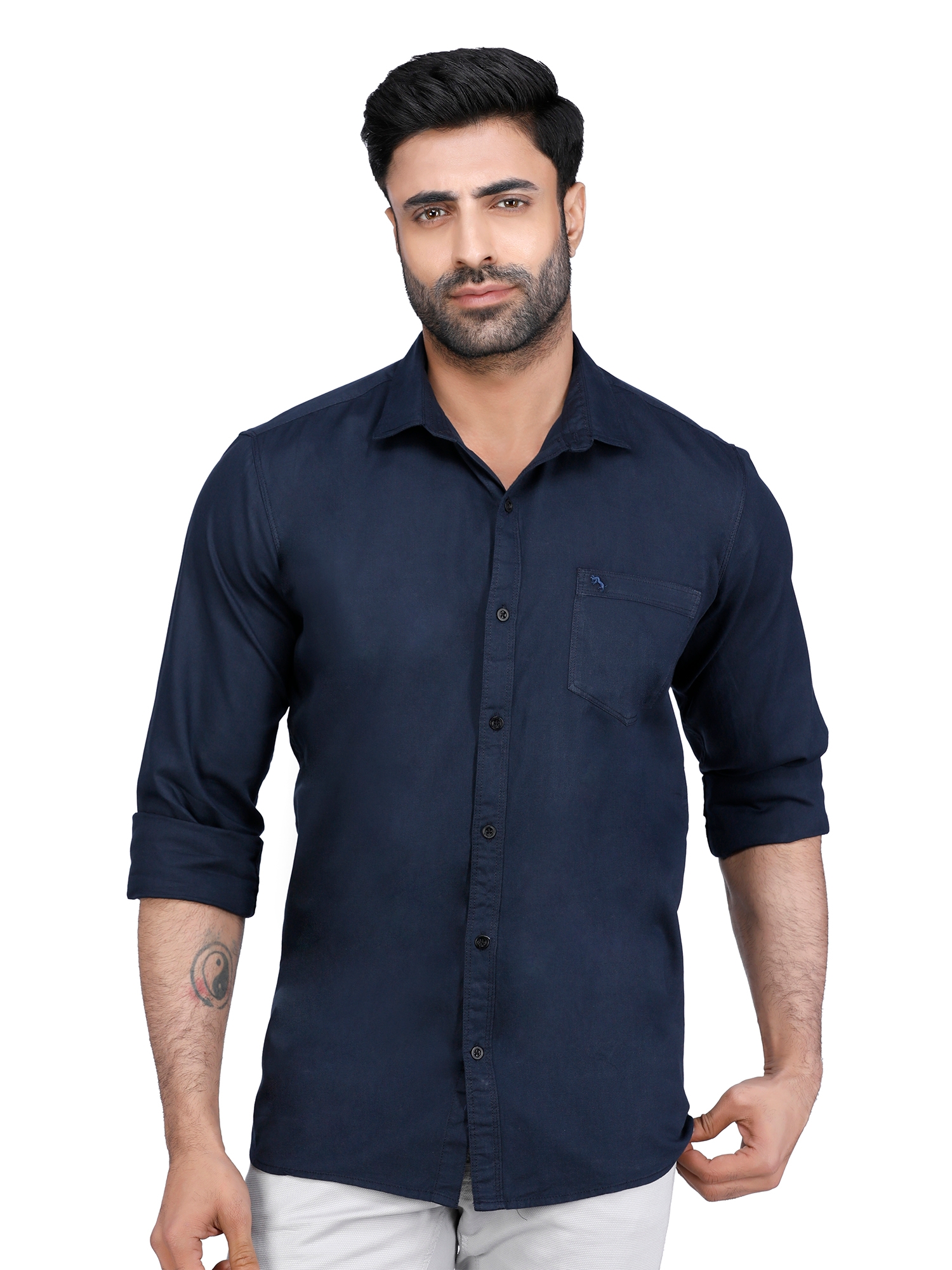 D'cot by Donear Men Blue Cotton Slim Solid Casual Shirts