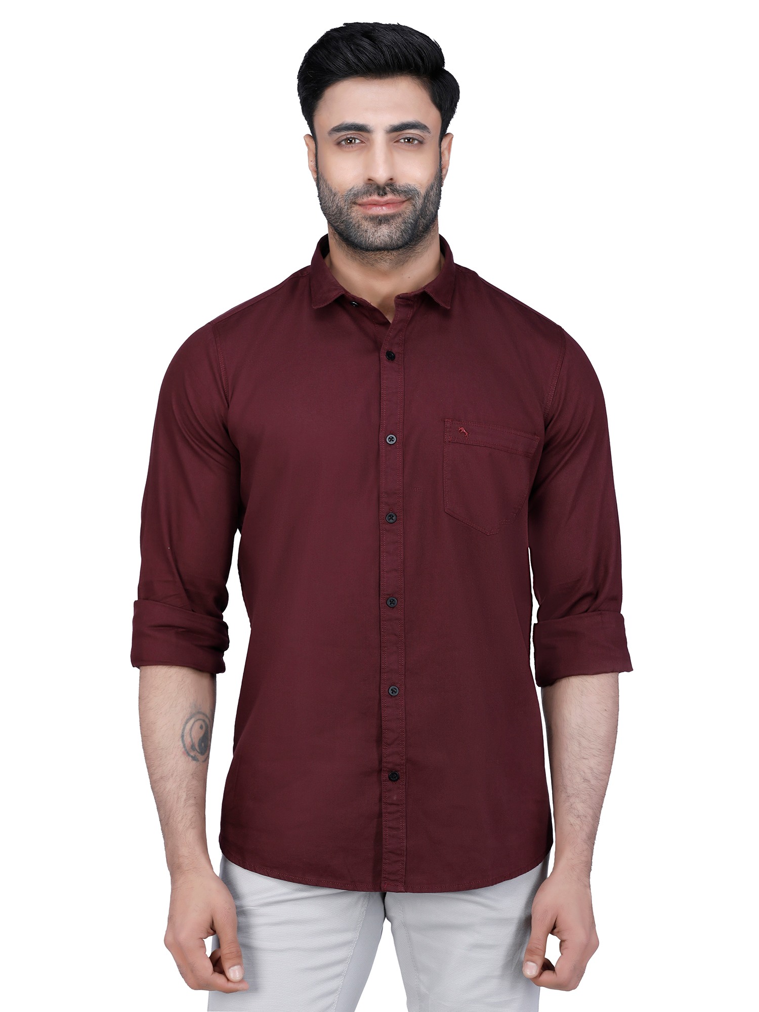 D'cot by Donear Men Red Cotton Slim Solid Casual Shirts