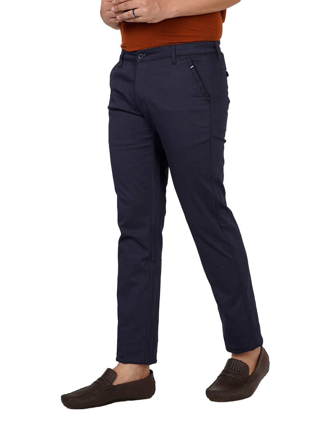 Octave Men Navy Blue Solid Cotton Trousers