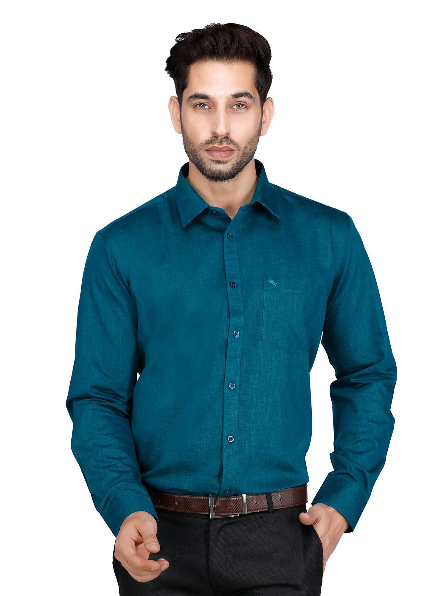 D'cot by Donear Men Green Polycotton Slim Solid Formal Shirts