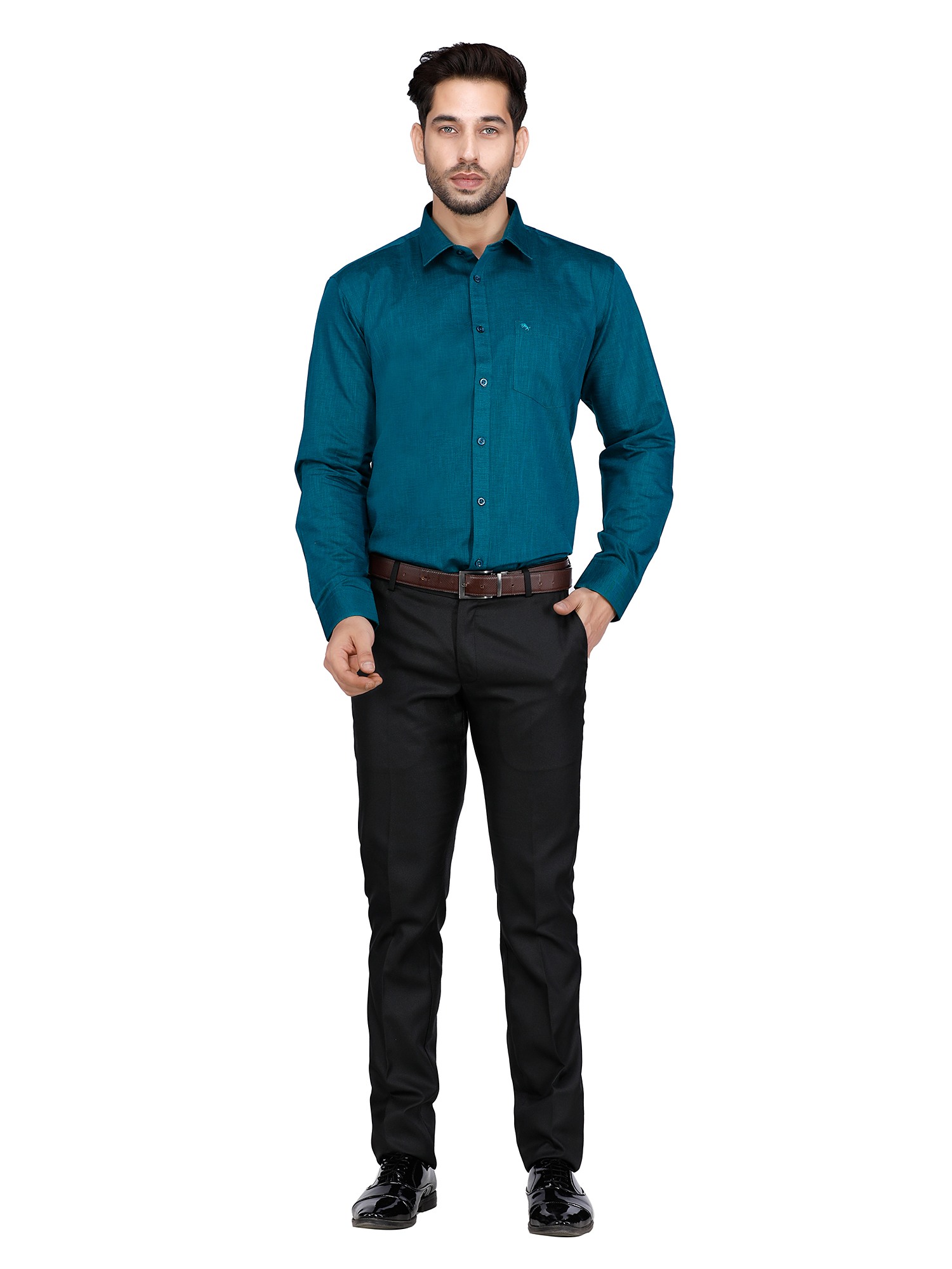 D'cot by Donear Men Green Polycotton Slim Solid Formal Shirts