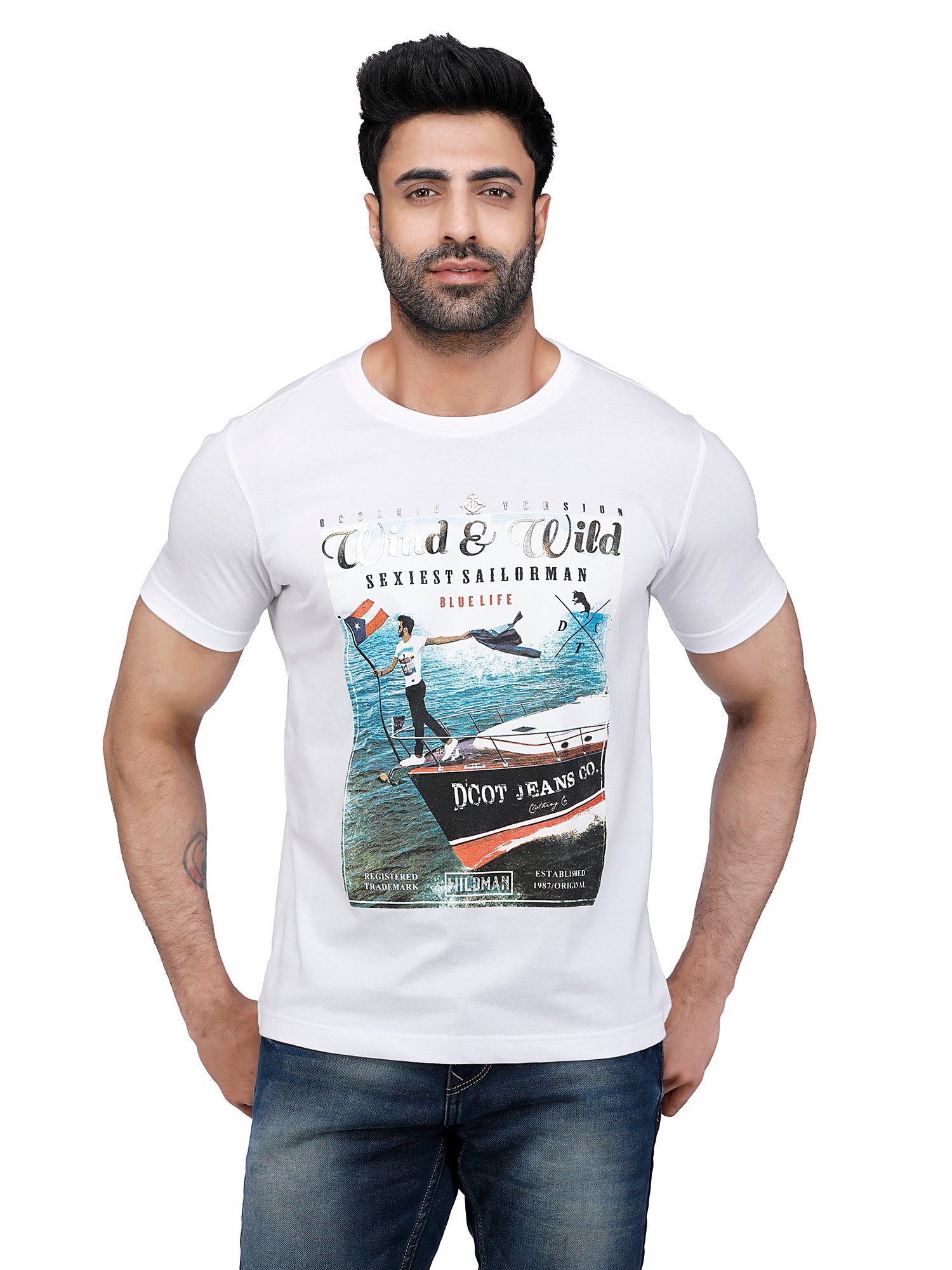 D'cot by Donear Men White Polycotton Regular Graphics TShirts