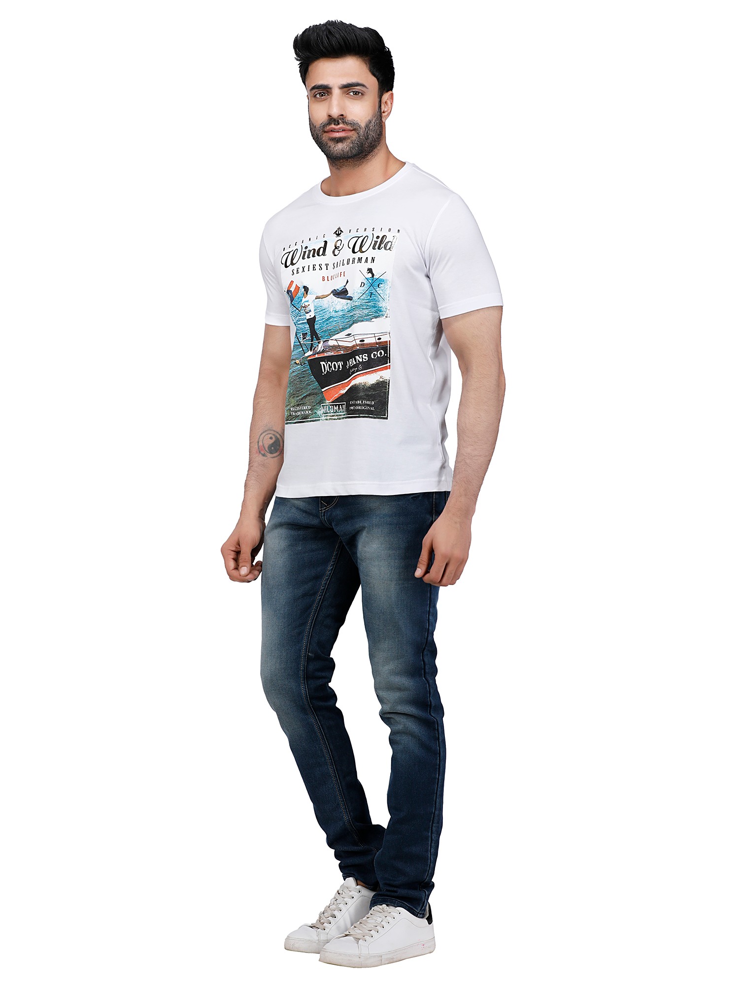 D'cot by Donear Men White Polycotton Regular Graphics TShirts