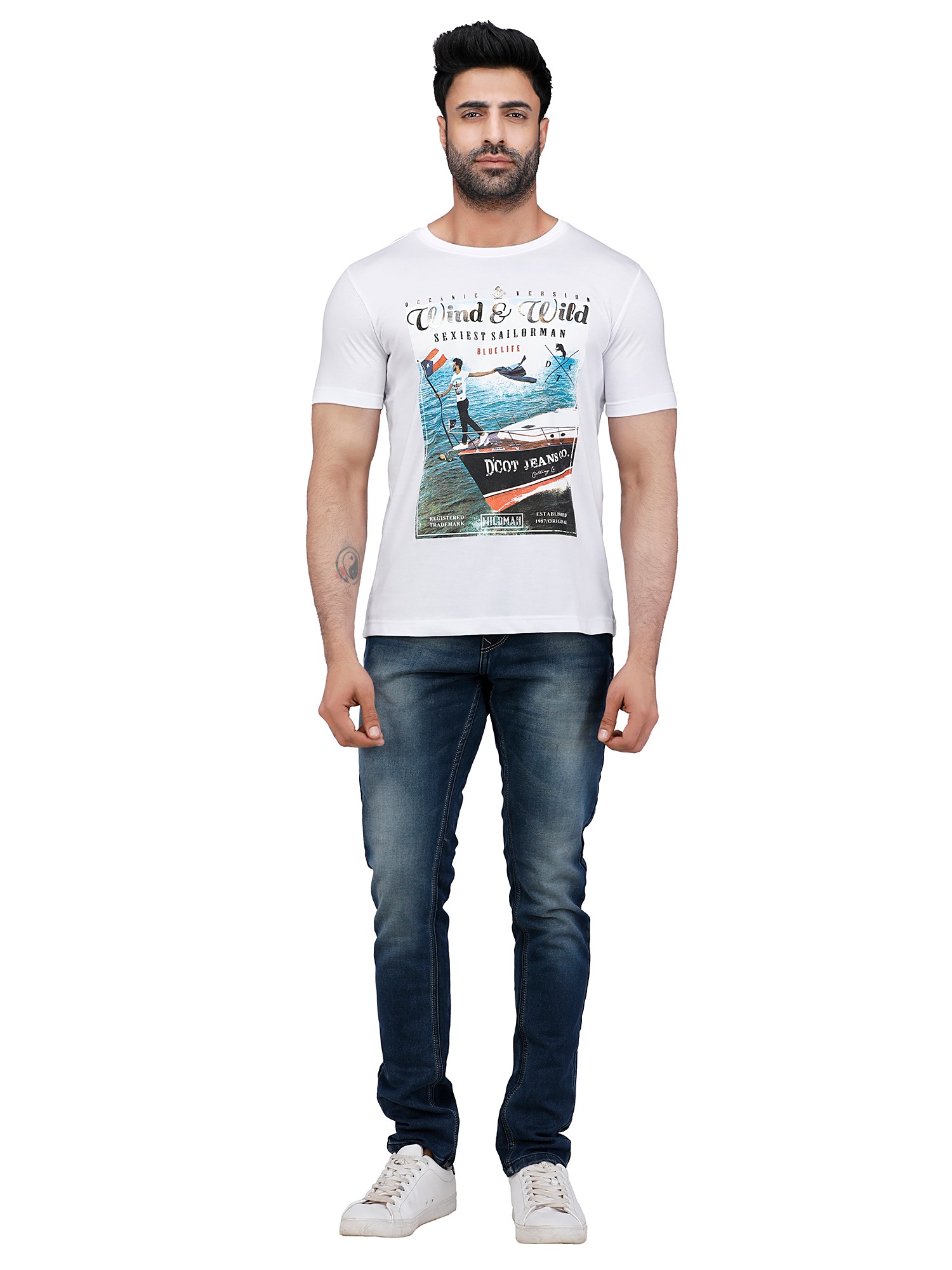 D'cot by Donear Men White Polycotton Regular Graphics TShirts