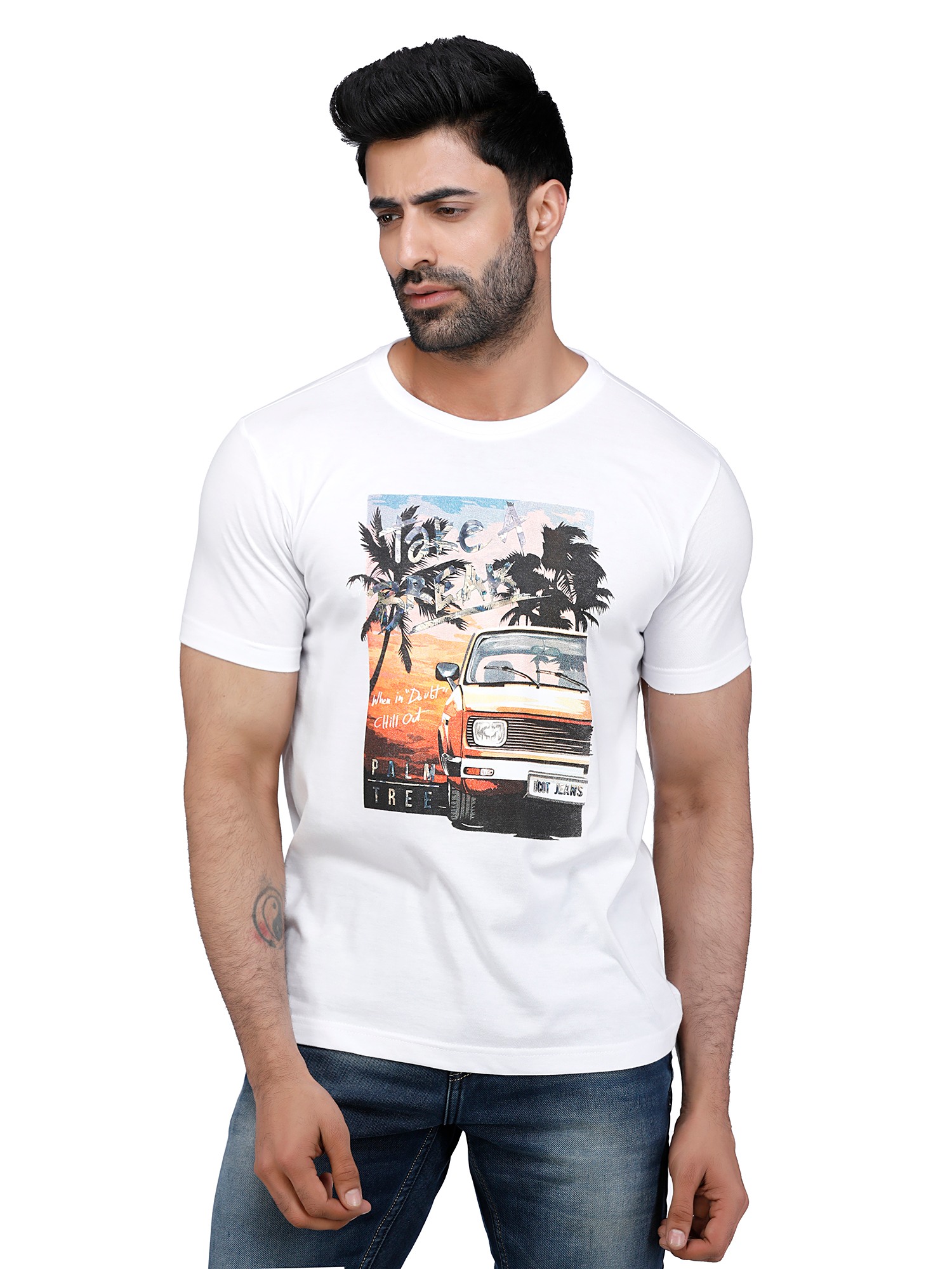 D'cot by Donear Men White Polycotton Regular Graphics TShirts