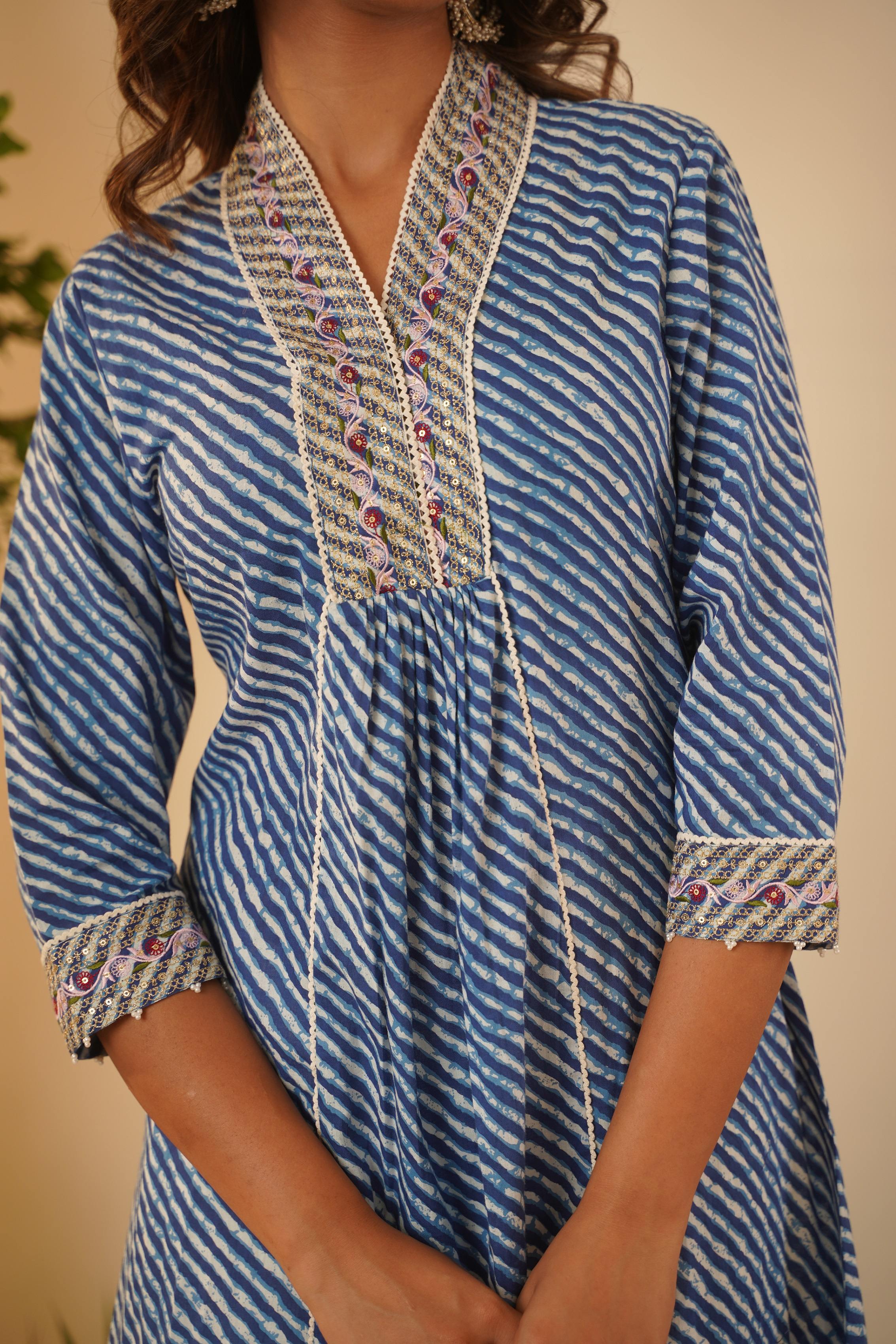 Leheriya Embroidery A-Line Kurta & Pant