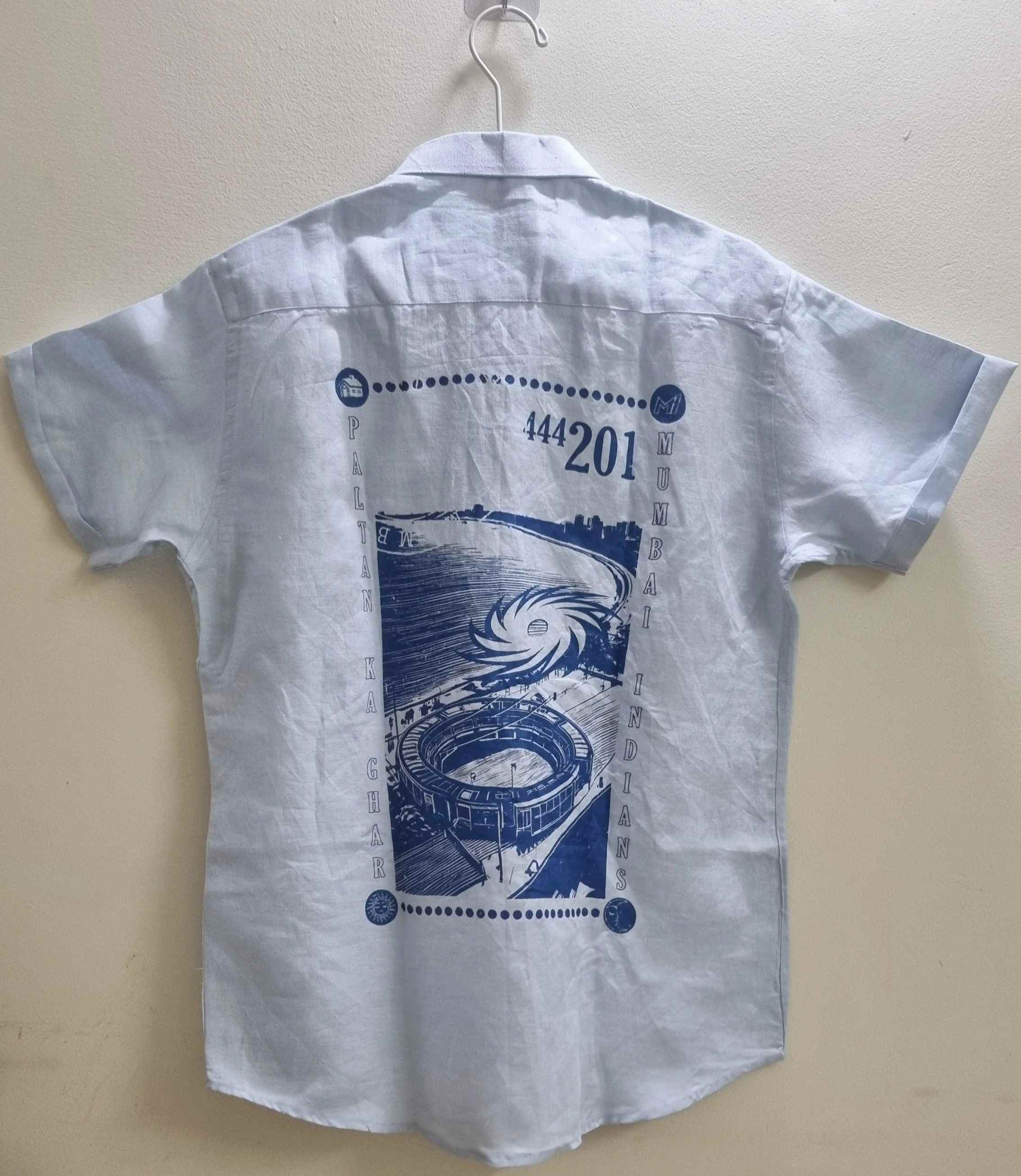 MI: Men Light Blue Back Printed Hemp Half Sleeves Shirt