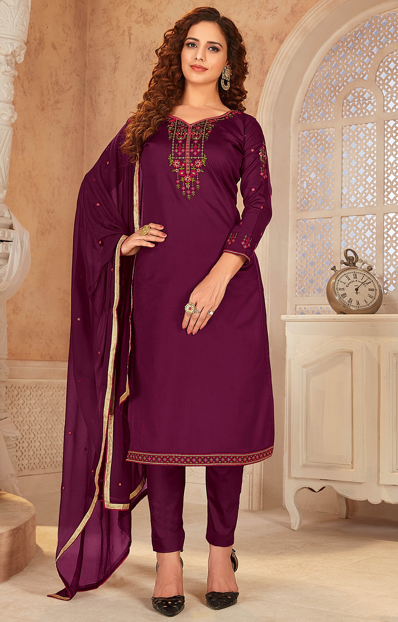 Magenta Color Cotton Embroidered Unstitched Dress Material-FL_PANKHUDI1061_DM