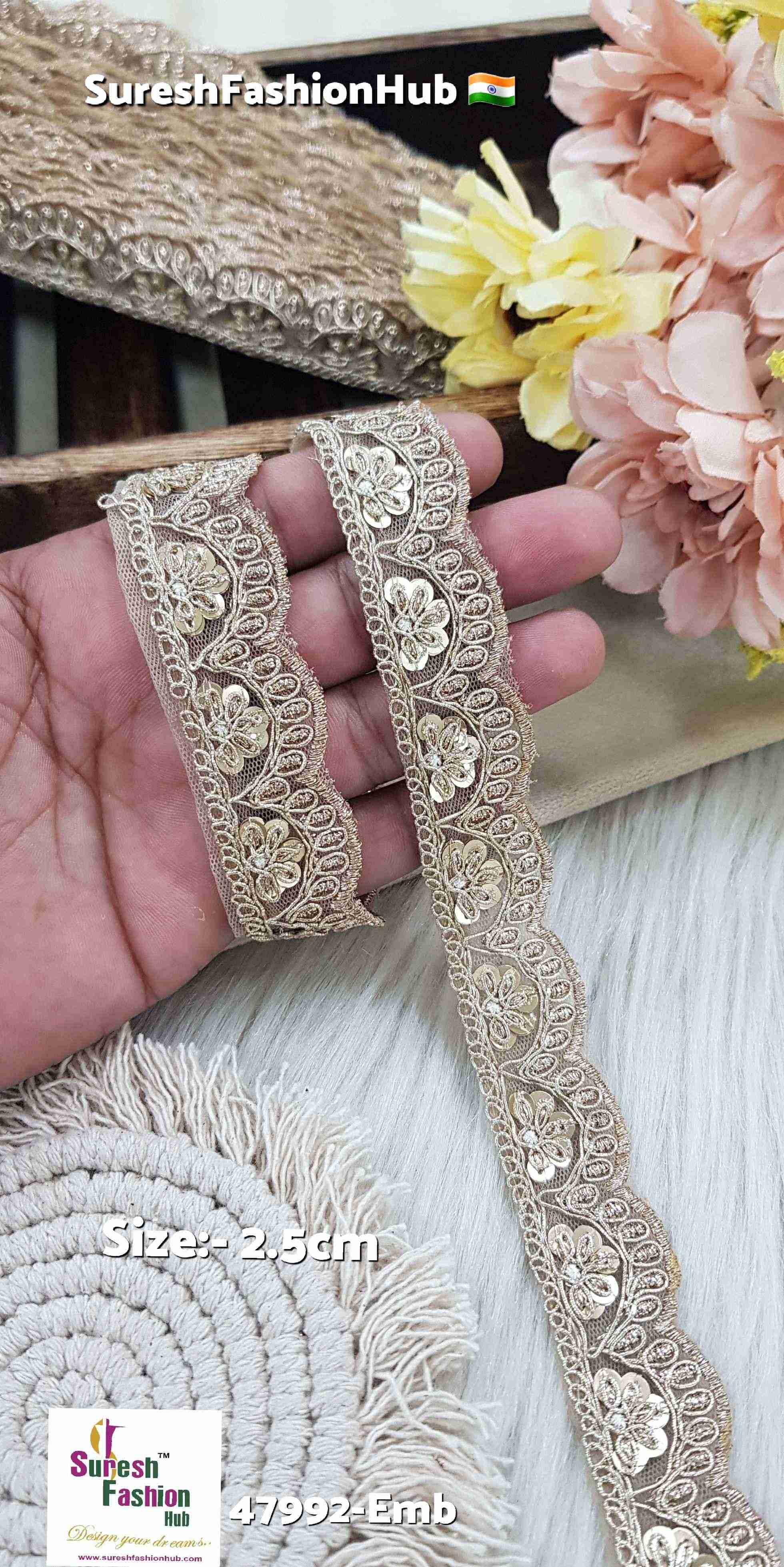 Pearl Gold Scalloped Floral Net Embroidery Lace