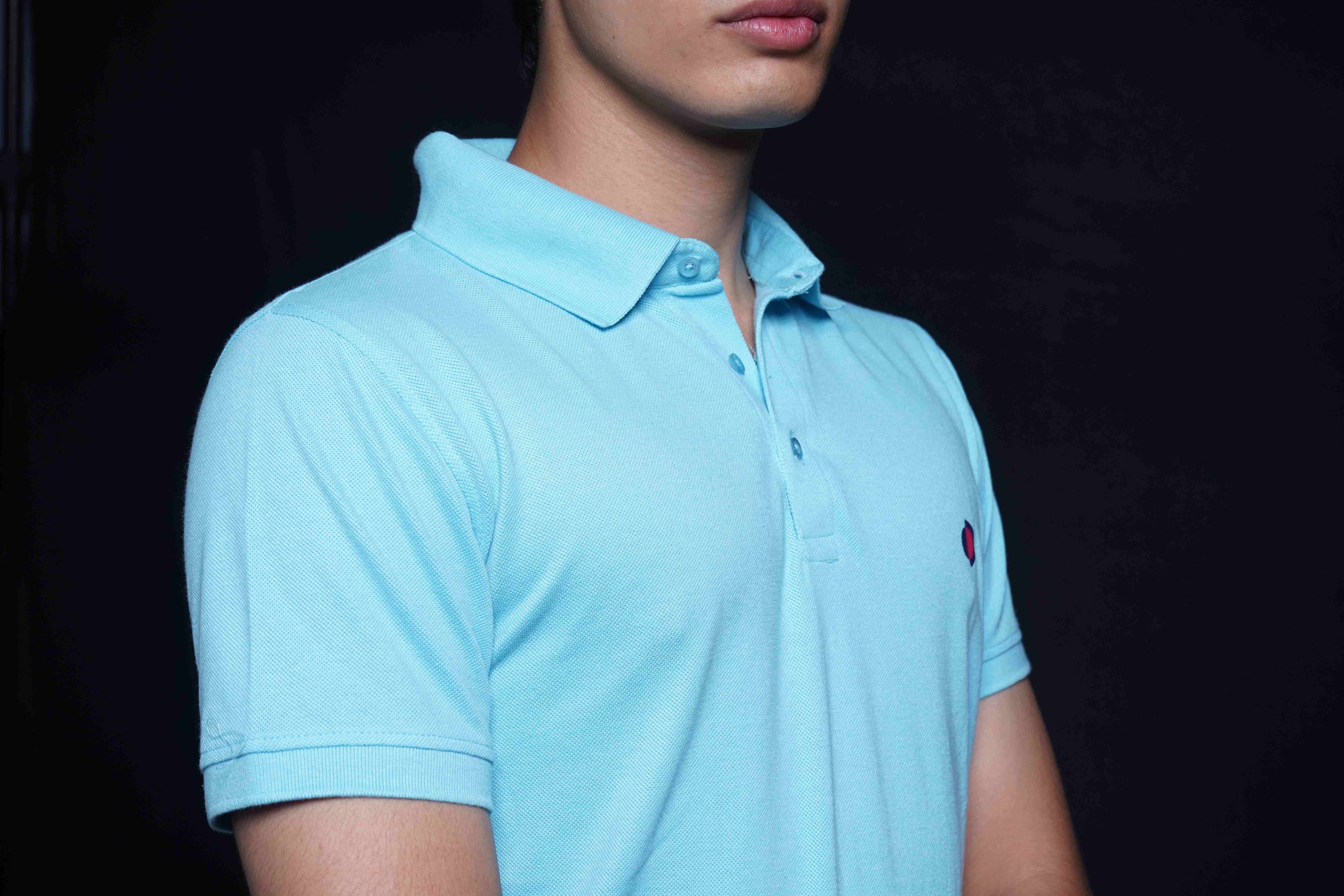 One Denim Evergreen Light Blue Plain Polo Neck Cotton T-Shirt
