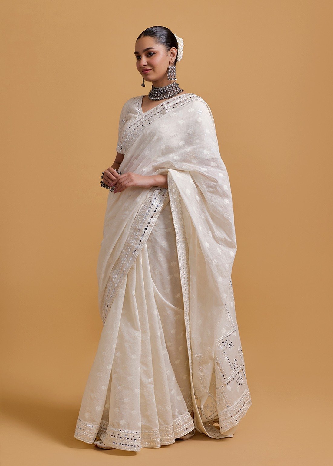Azra Mirror Offwhite Saree