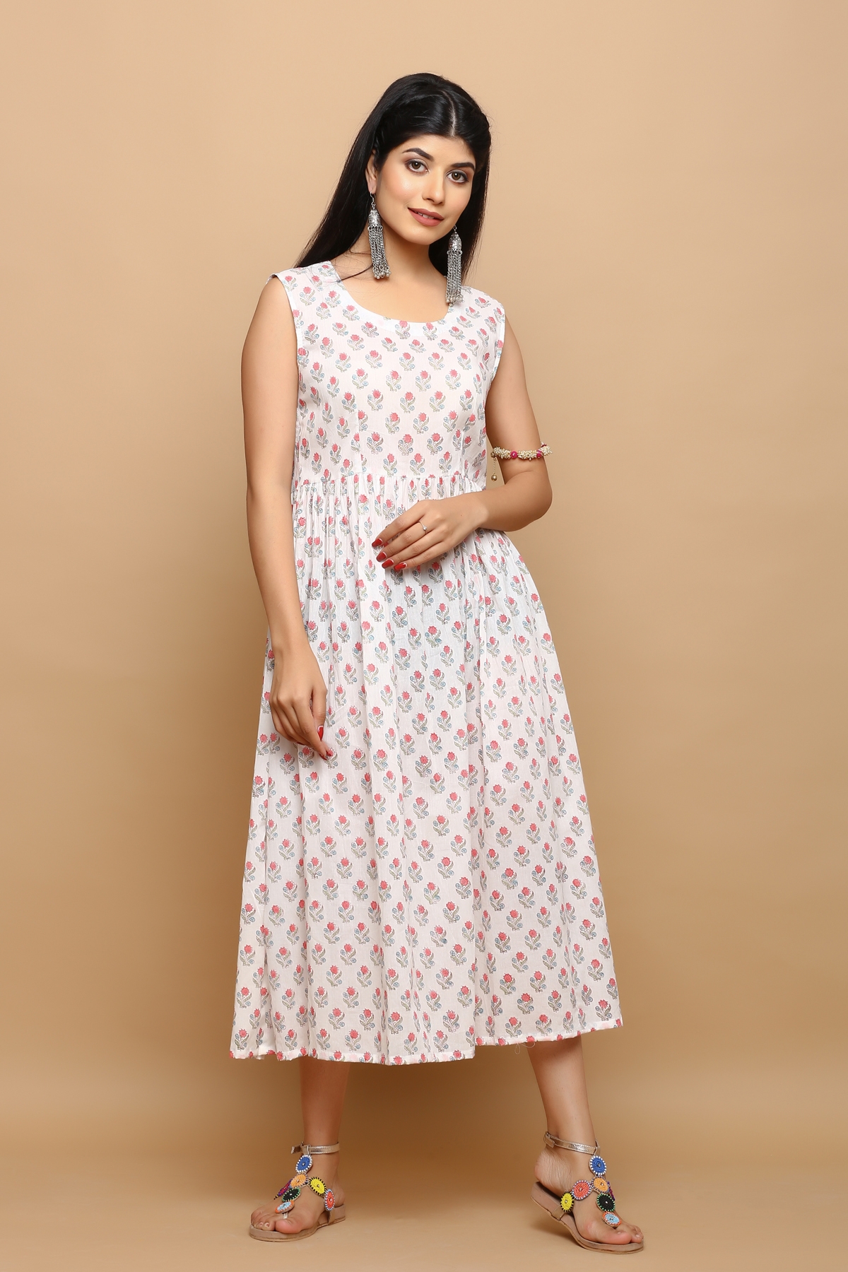 KAARAH BY KAAVYA | White buti printed cotton dress undefined