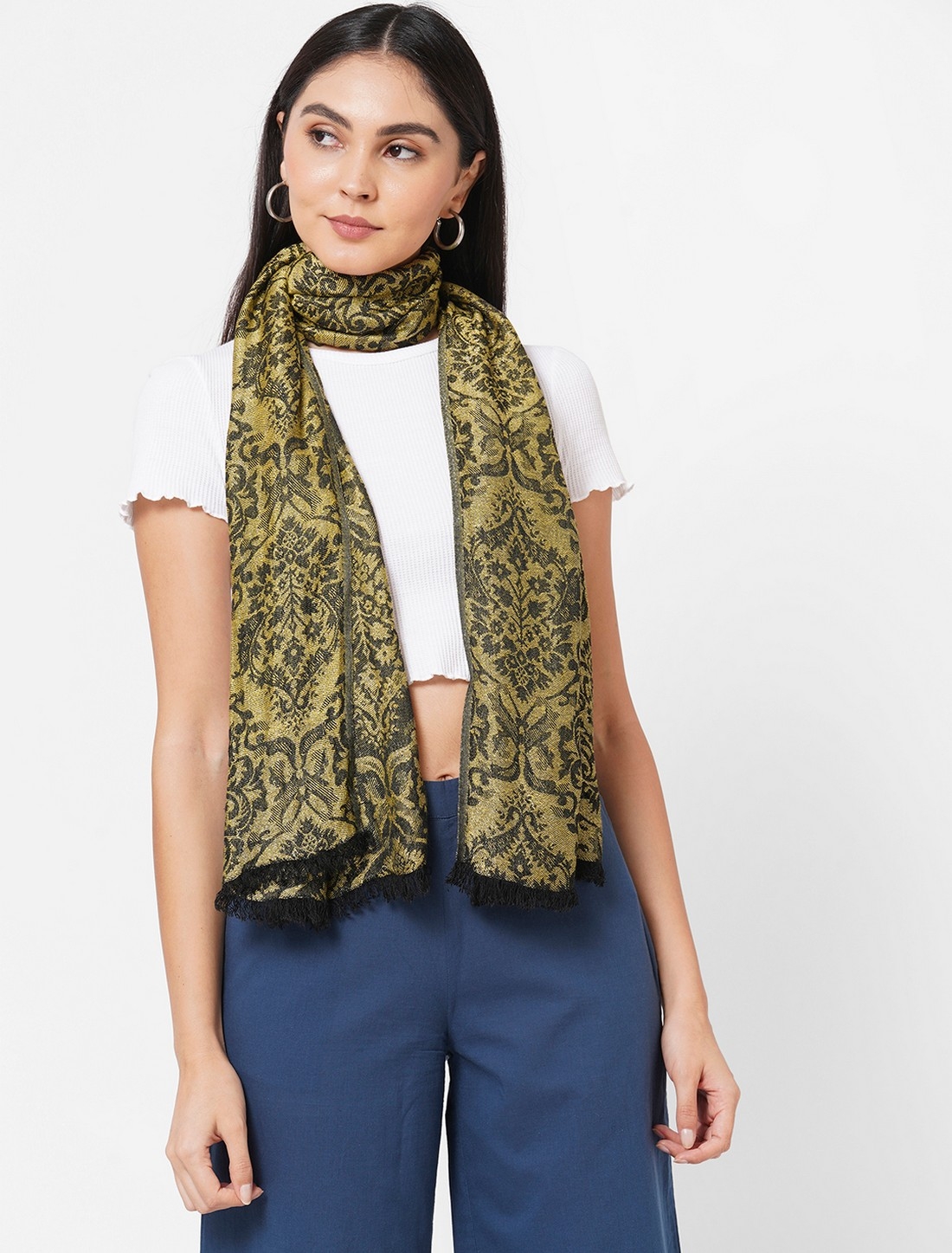 Get Wrapped | Get Wrapped Beige Jacquard Lurex Scarf with raw fringes 0