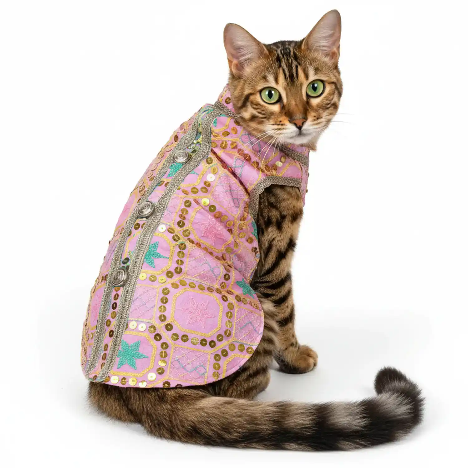 Pawsindia Traditional Nawabi Pink Embroidered Kurta for Cats