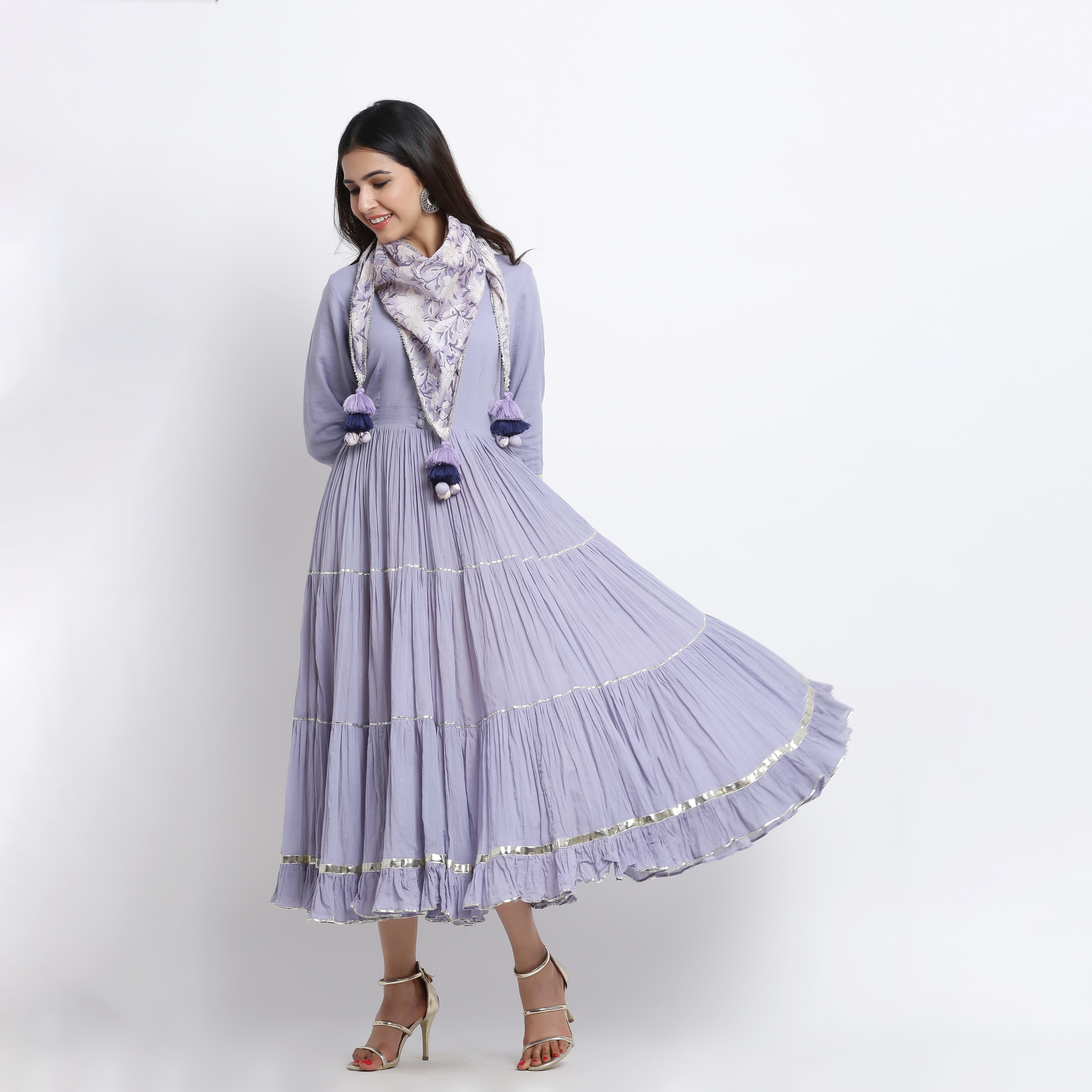 KAARAH BY KAAVYA | Lavendar long cotton tiered dress with printed scraf undefined