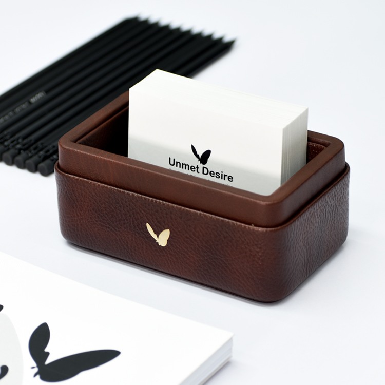 Visiting Card Holder for Desk | Faux Leather | Rectangular | Classic | Brown