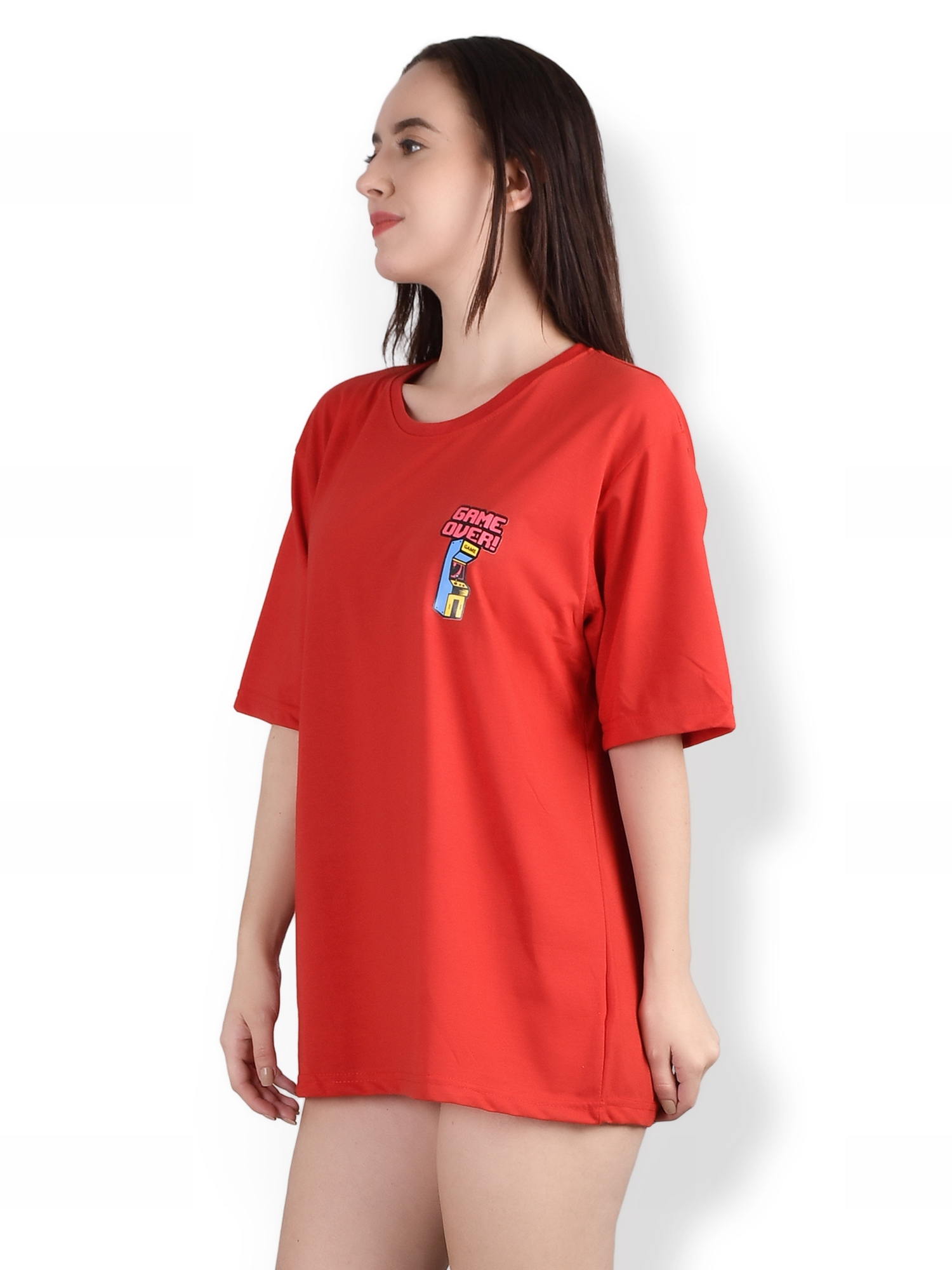 Game Over : Quirky Printed Oversized Women's Tees In Red Color