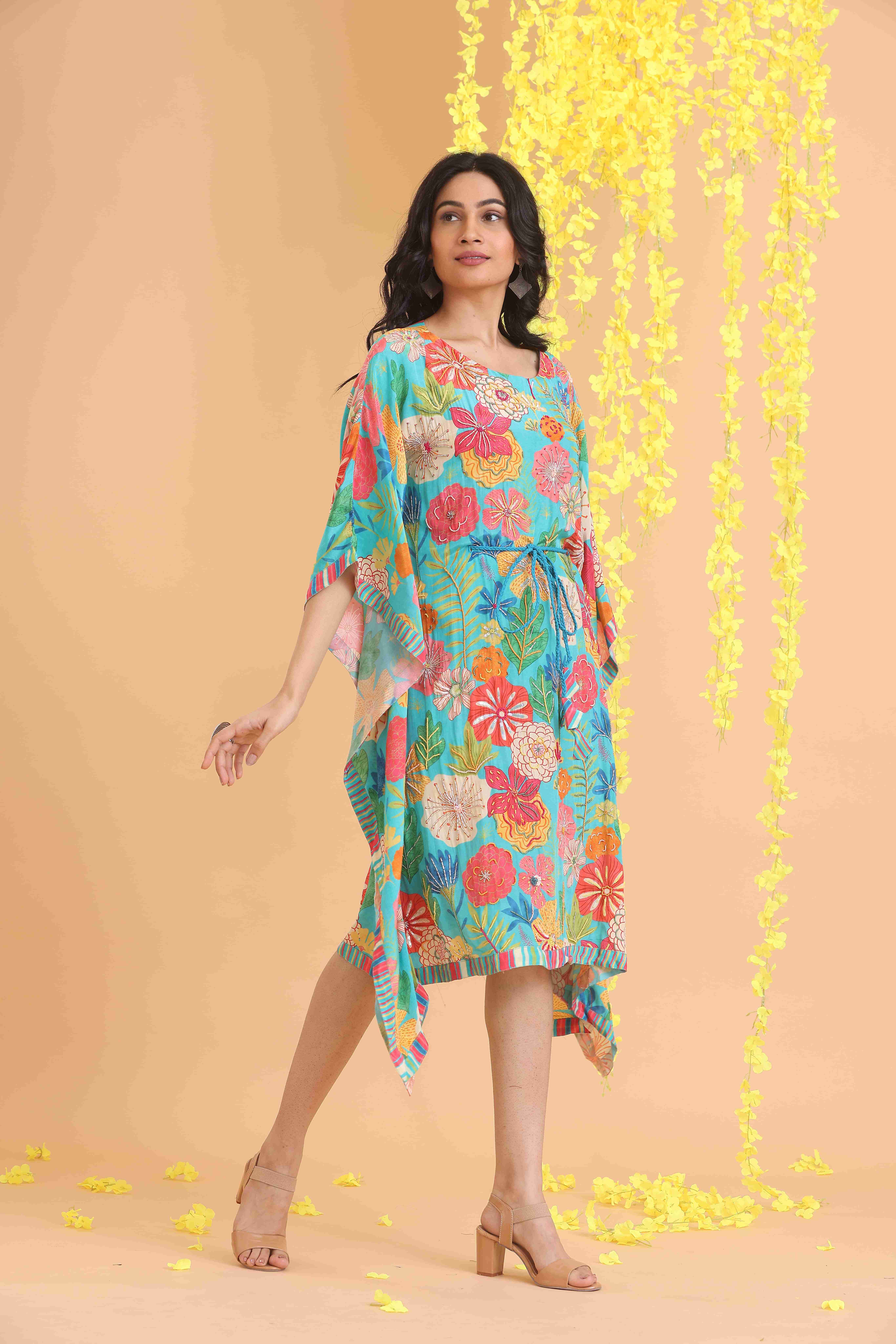 Embroidered Printed Kaftan Dress