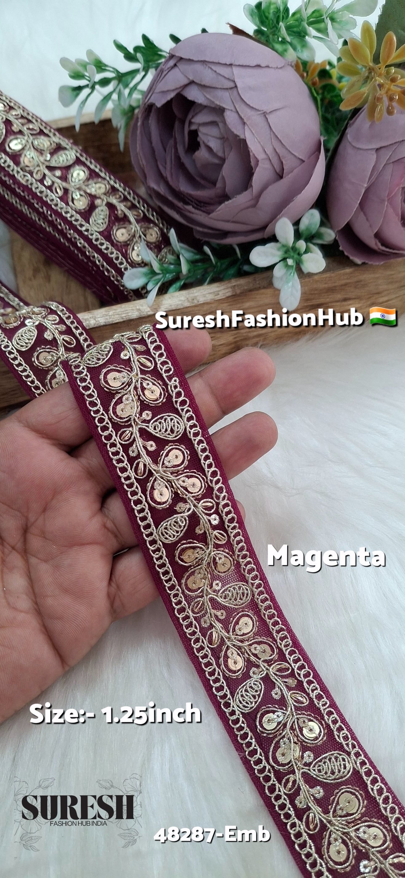 Magenta Pearl Dori Zari Embroidery Border Lace