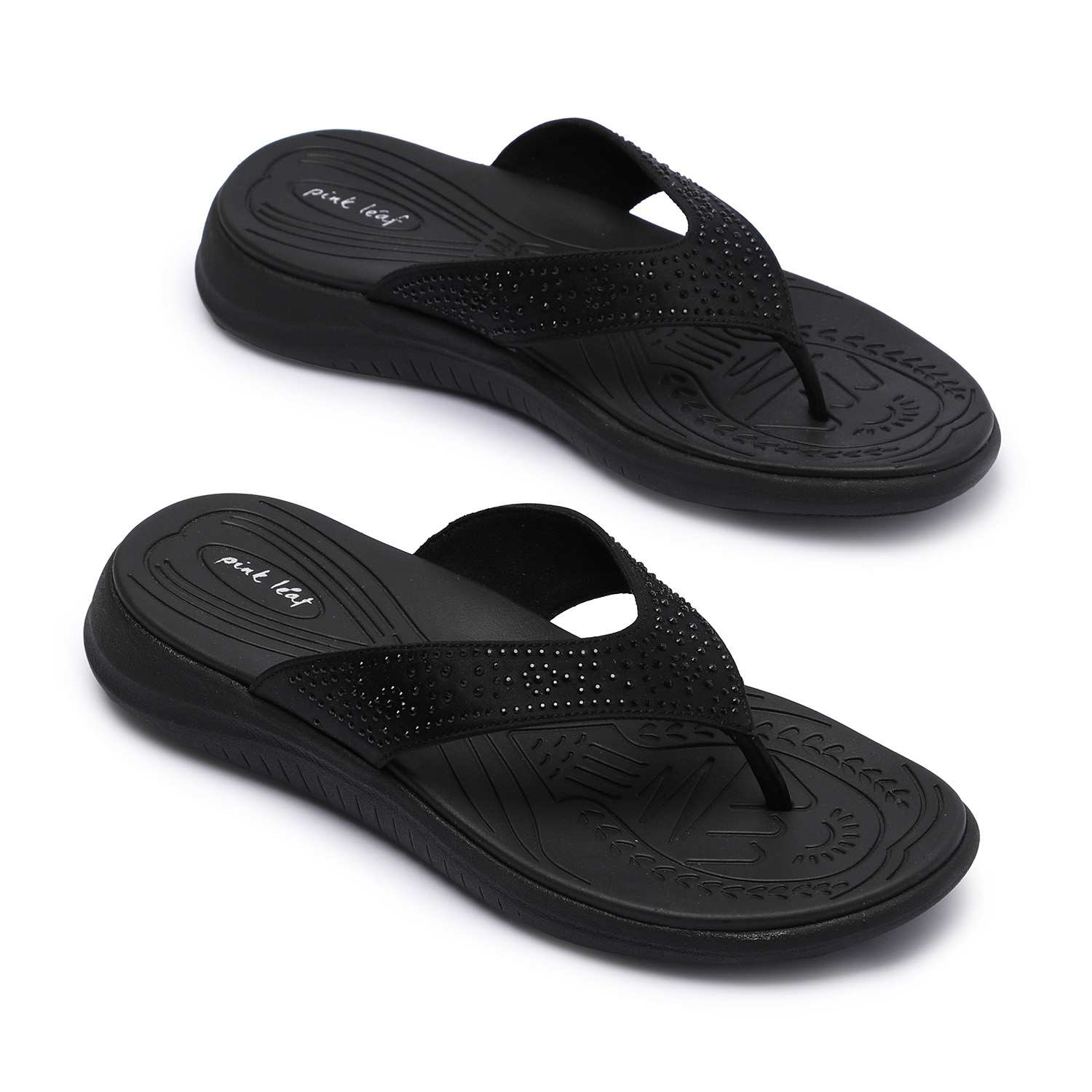 Women Black Embellished Flip-Flops with Textured Sole