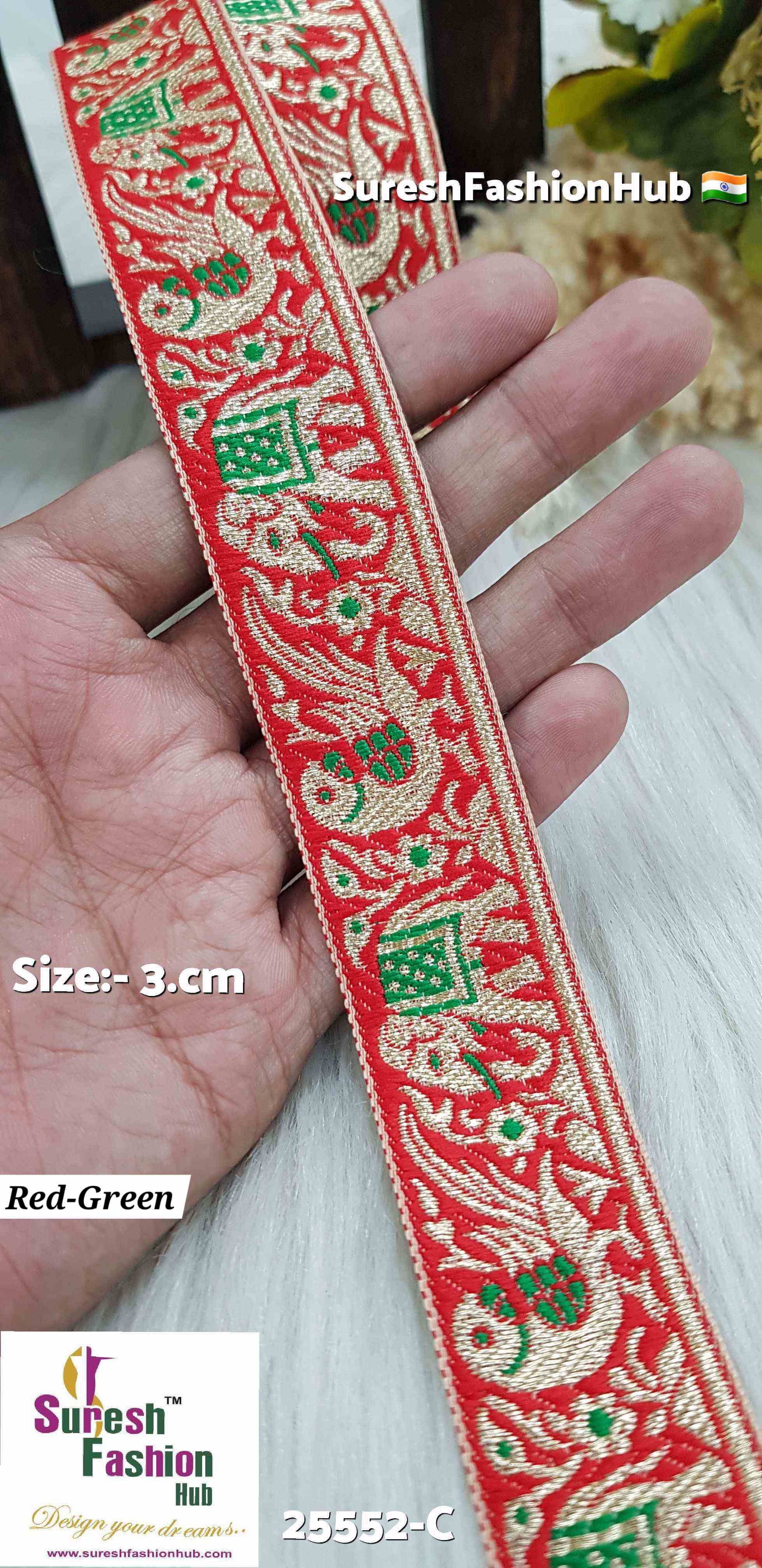 Red & Green Color Elephant Parrot Banarasi Lace