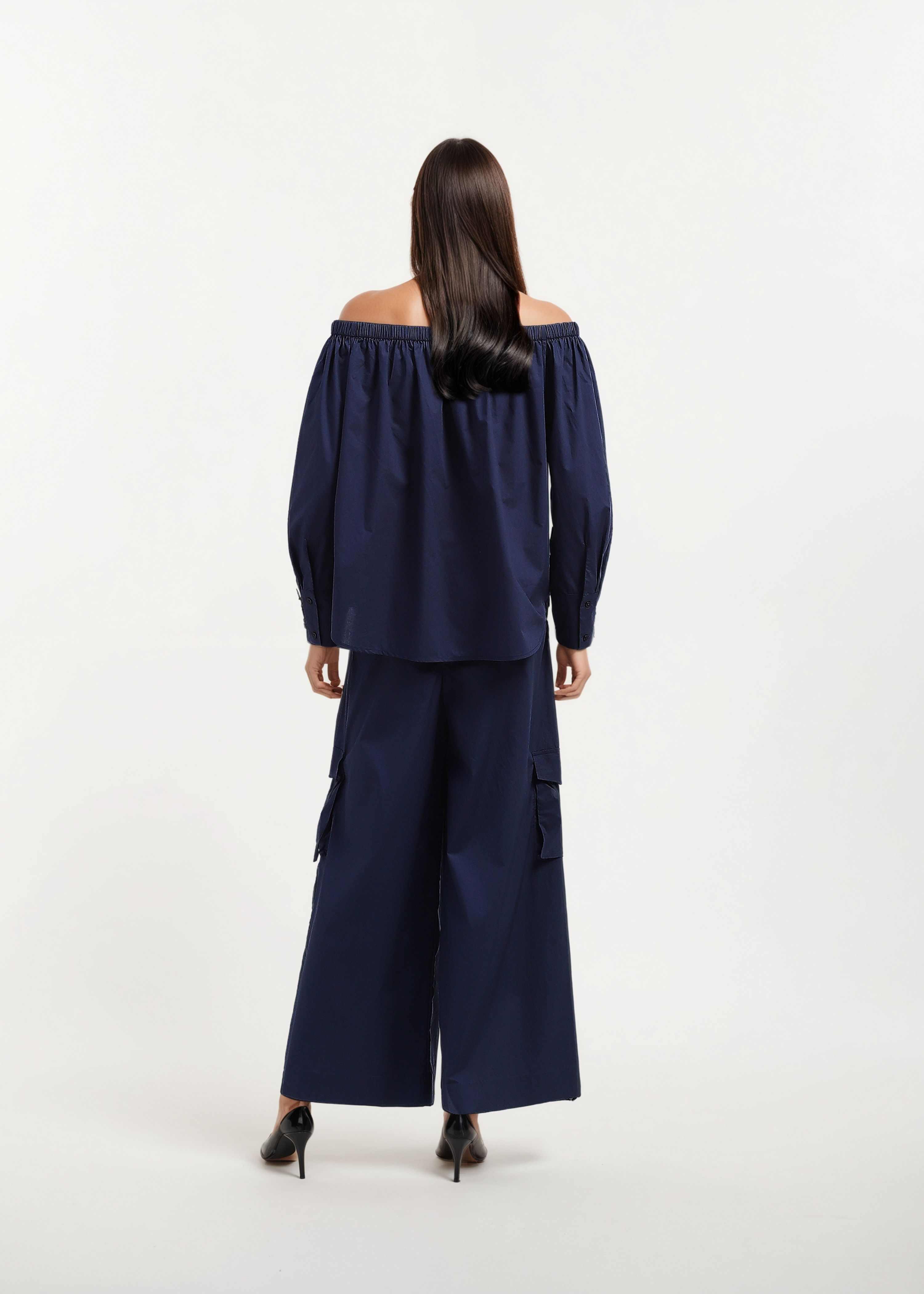 AKOK Blue Cotton Off shoulder shirt and Trouser Co-ords