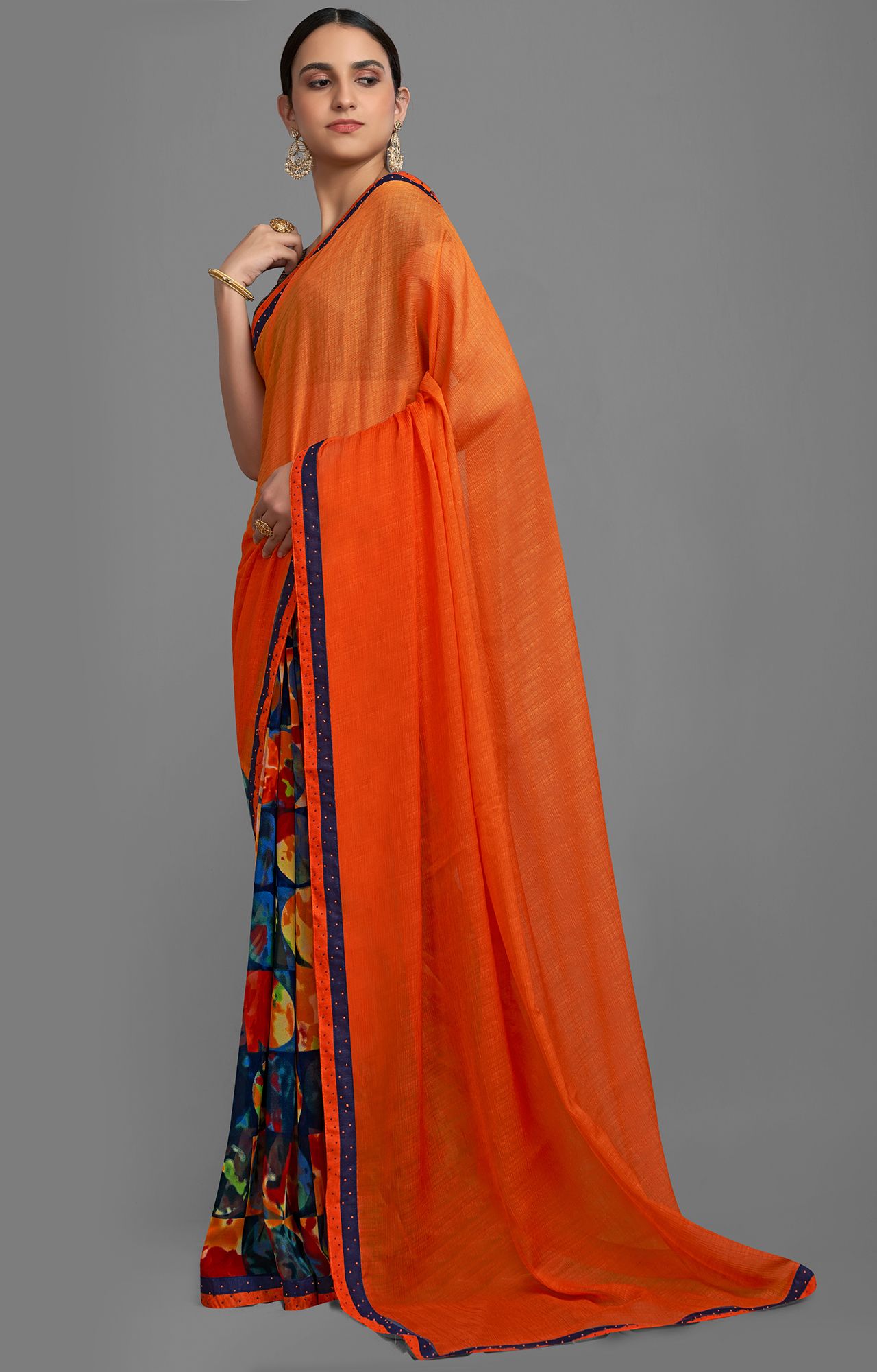 Women's Orange and Blue Georgette Chiffon Blend Solid Printed Half N Half Saree-SHAMA6668SSSR004
