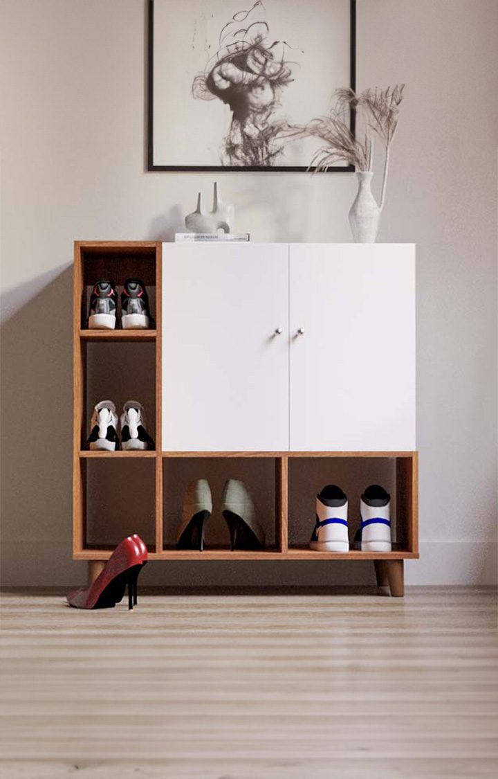 neudot Brogan 2 Door Engineered Wood Shoerack | Footwear Organizer |7 Shelves | Open Shelves Slipper Sandals Stand | Wooden Shoe Rack for Home - (Finish Color - Leon Teak, Knock Down)
